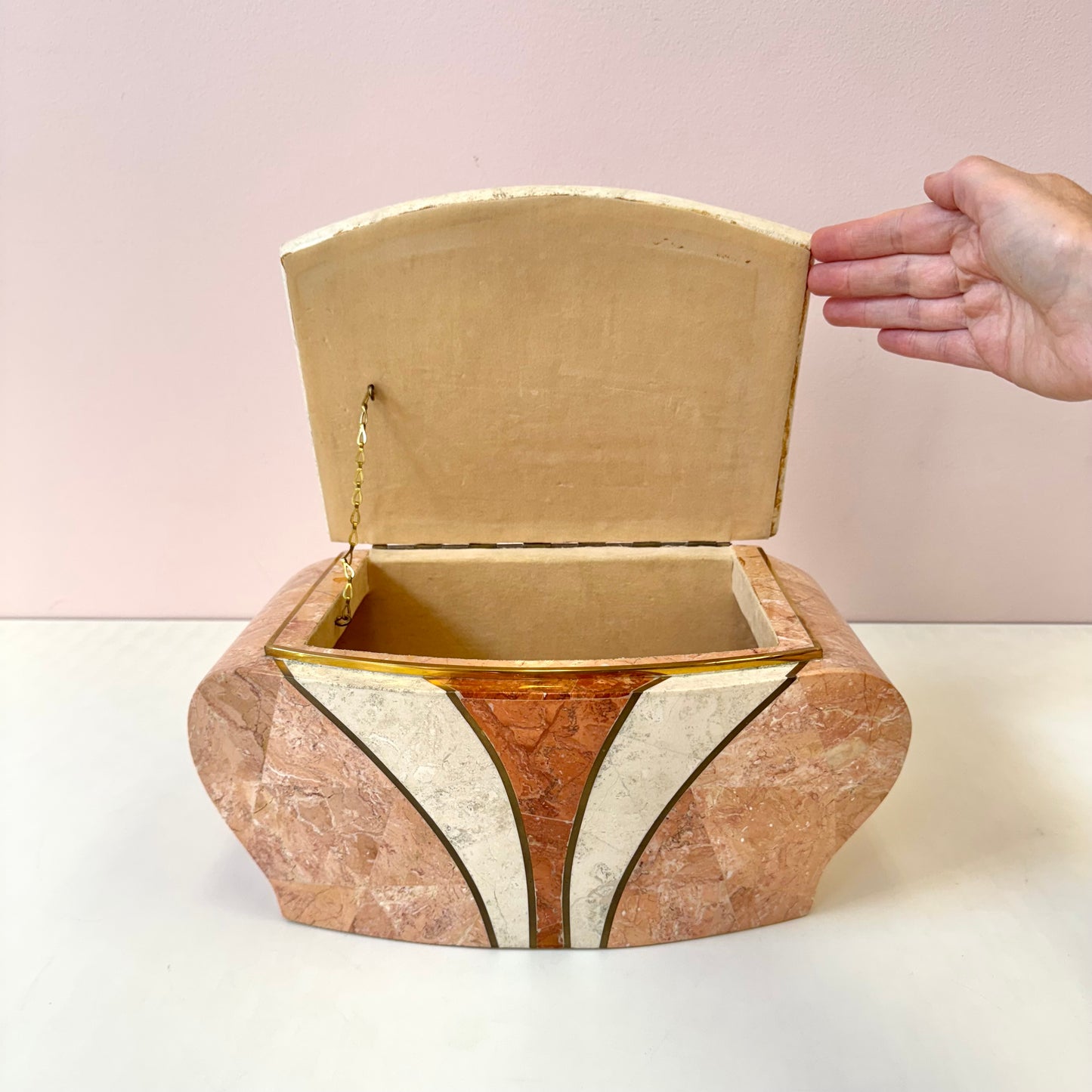 Vintage Maitland Smith Style Pink and Cream Tessellated Stone Box