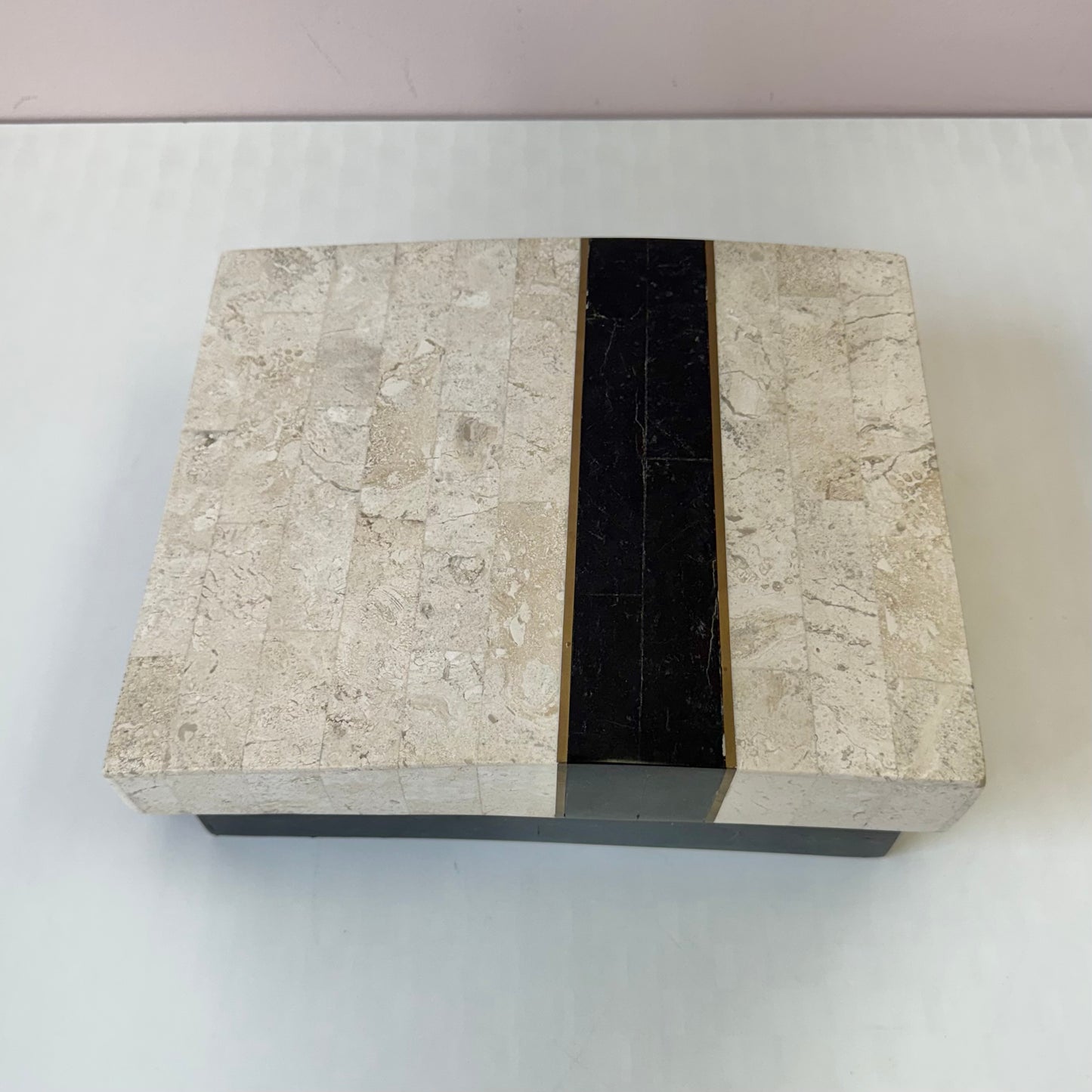 Vintage Maitland Smith Style Black and Cream Tessellated Stone Box