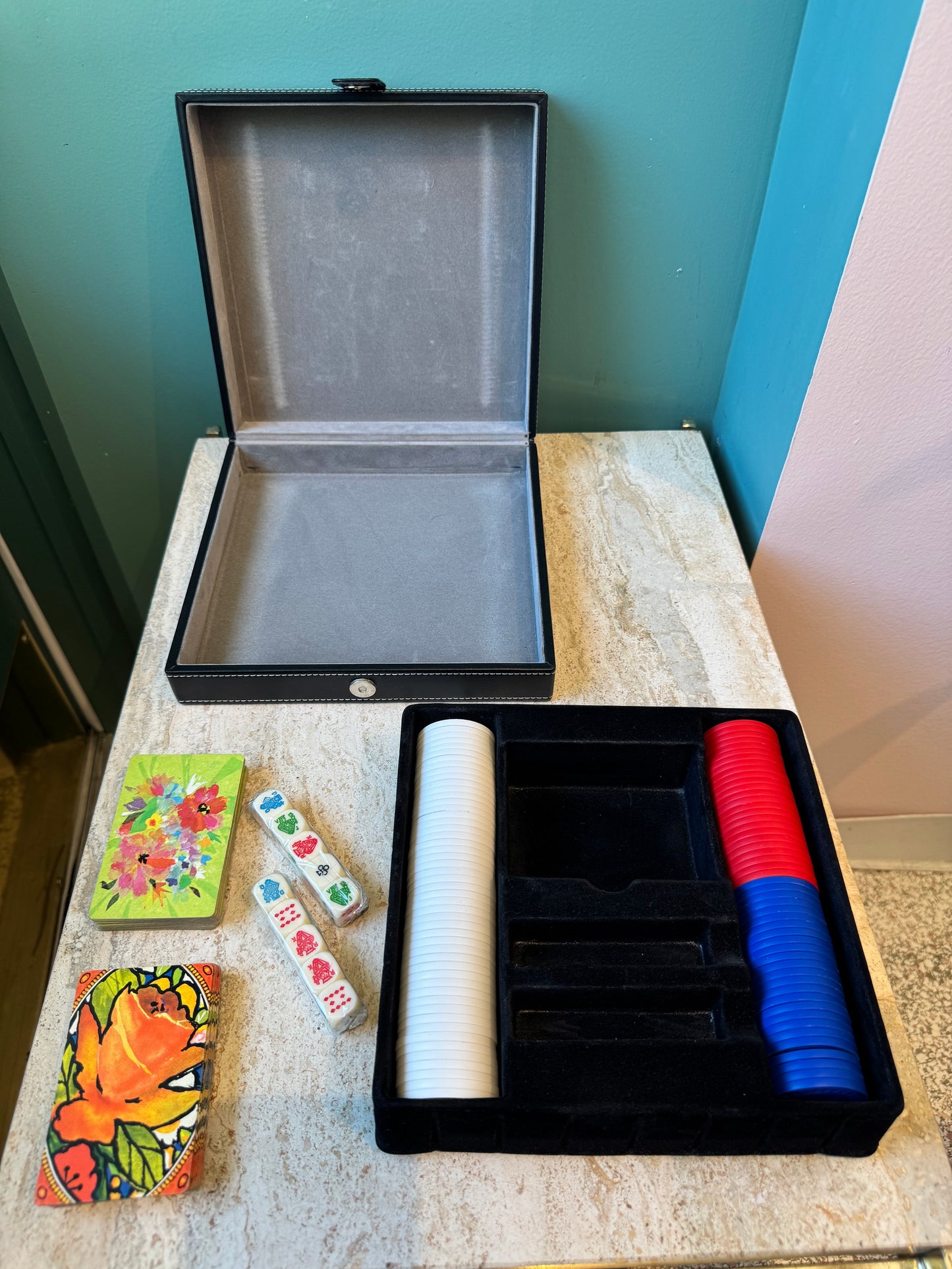 Vintage Black Faux Leather Poker Playing Card Box Set
