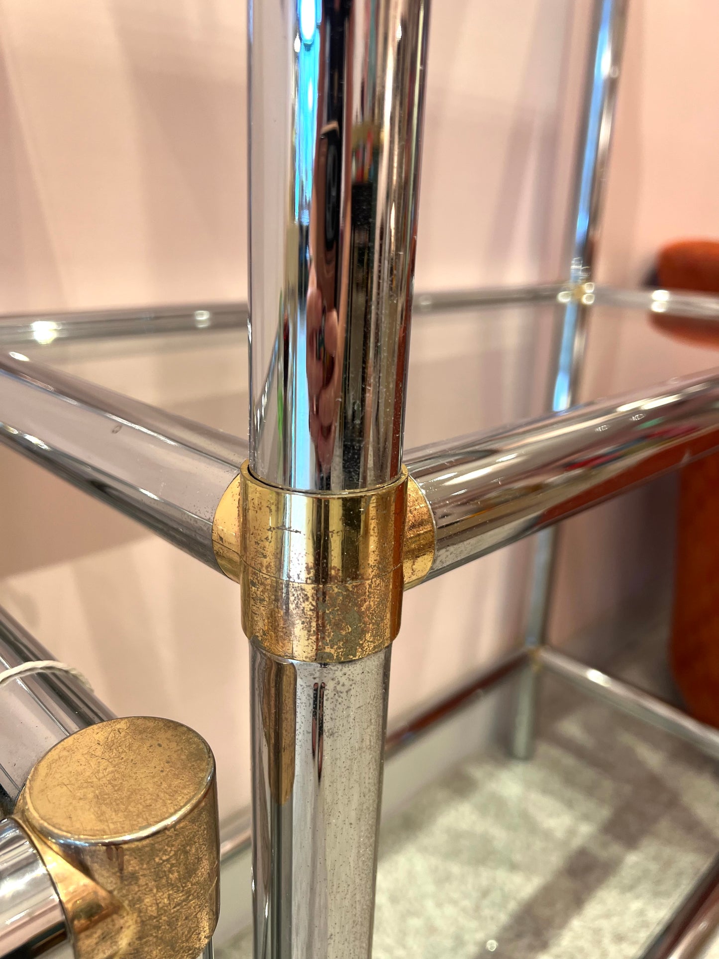 Vintage Chrome Etagere Shelf with Brass Bamboo Accents