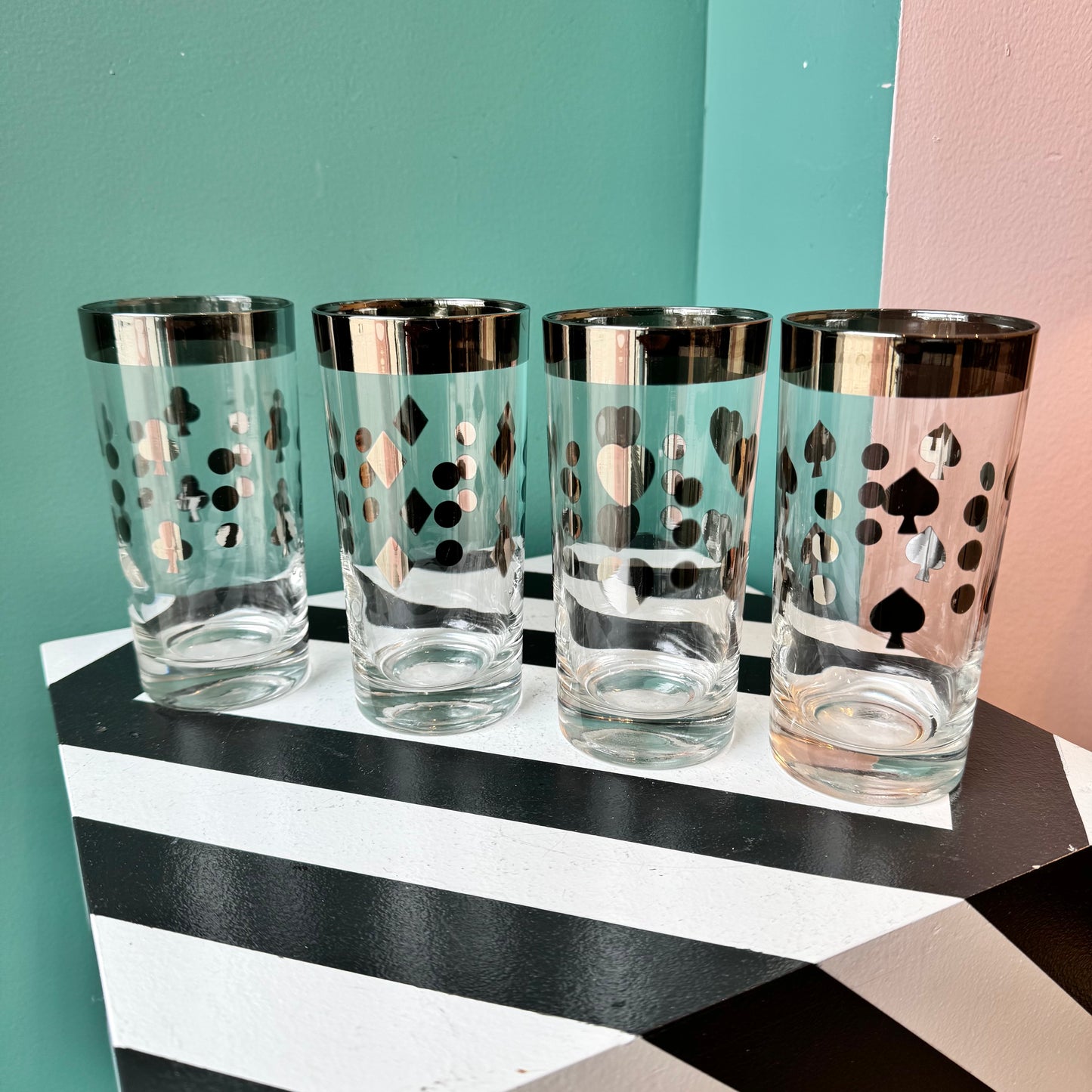 Set of 4 Vintage Metallic Playing Card Design Highball Glasses