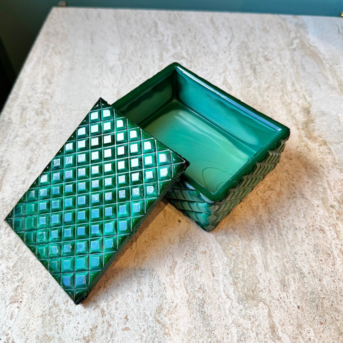 Vintage Art Deco Malachite Glass Trinket Box