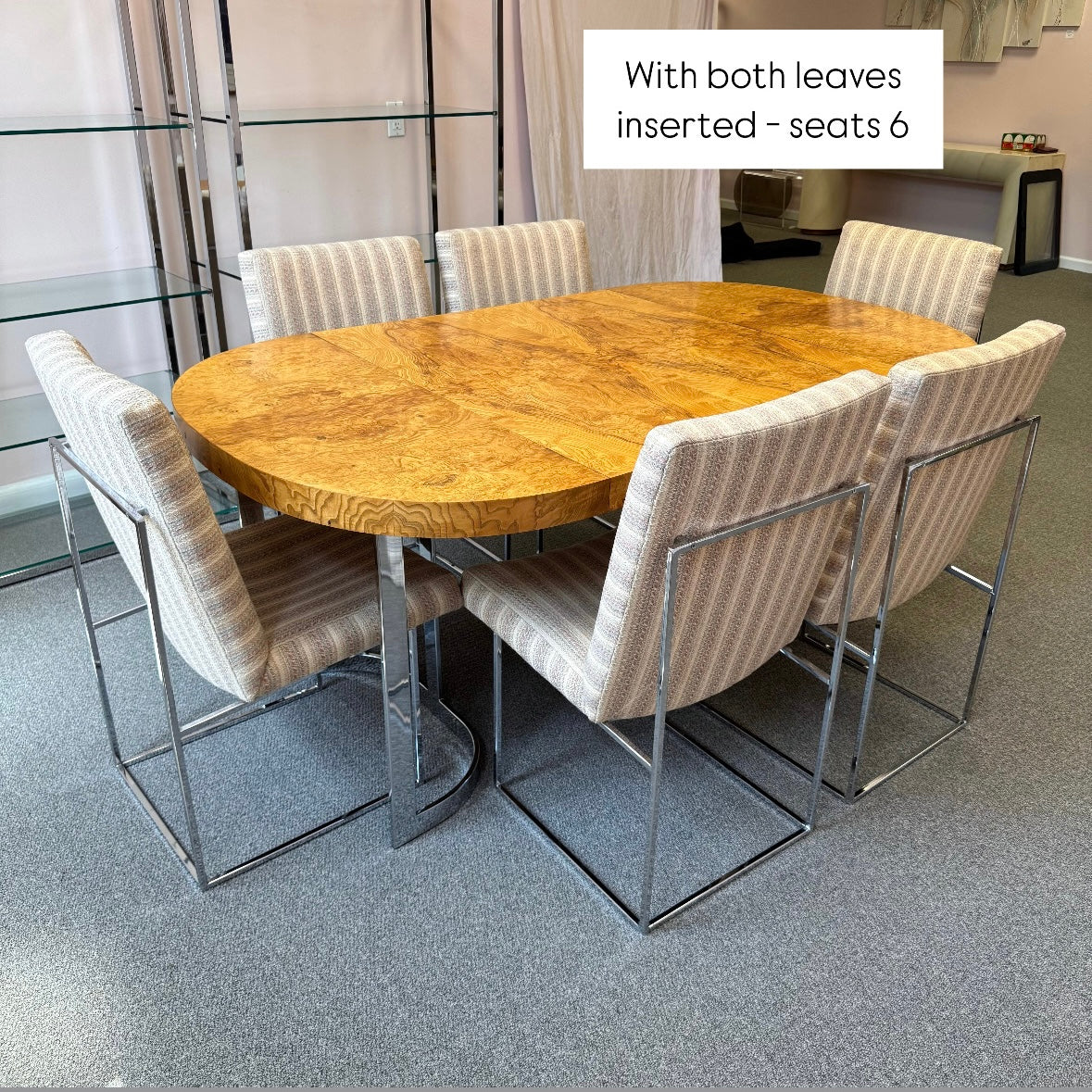 Vintage Milo Baughman Style Extendable Oval Burl and Chrome Dining Table