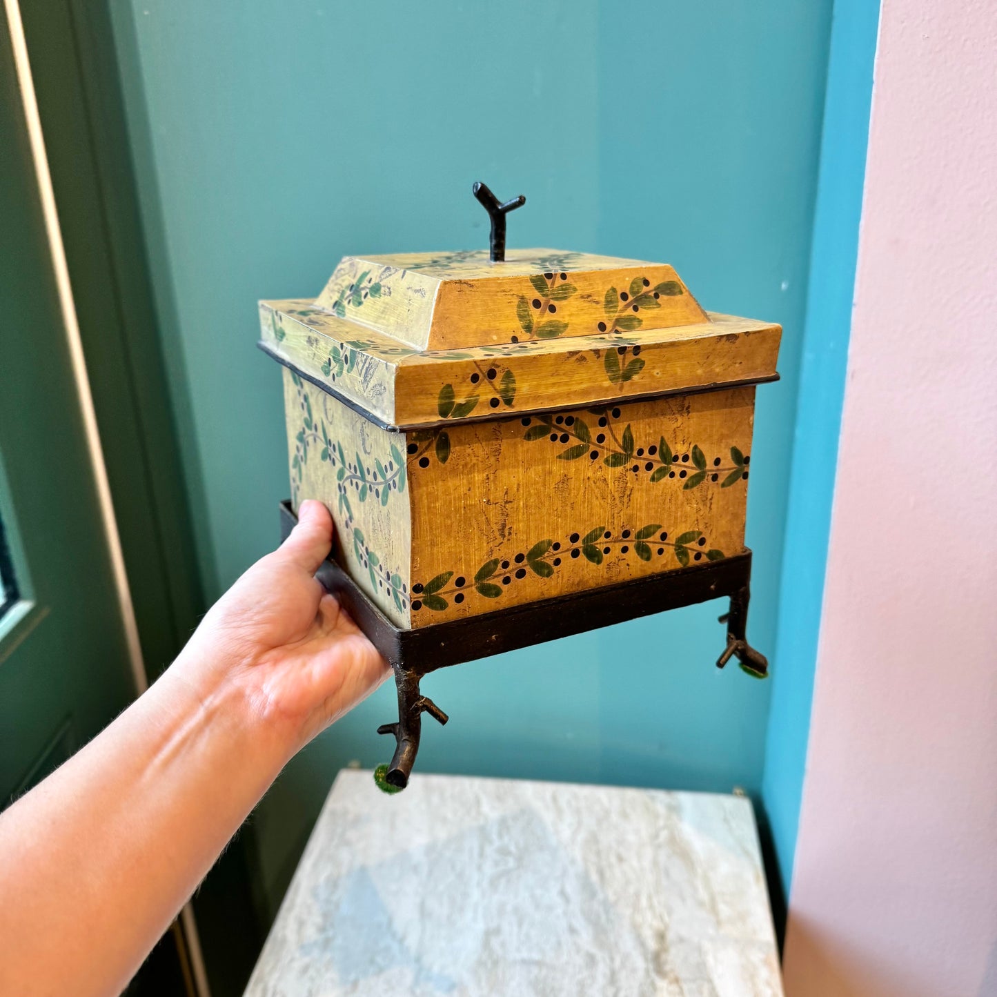 Vintage Hand Painted Berry and Vine Metal Box