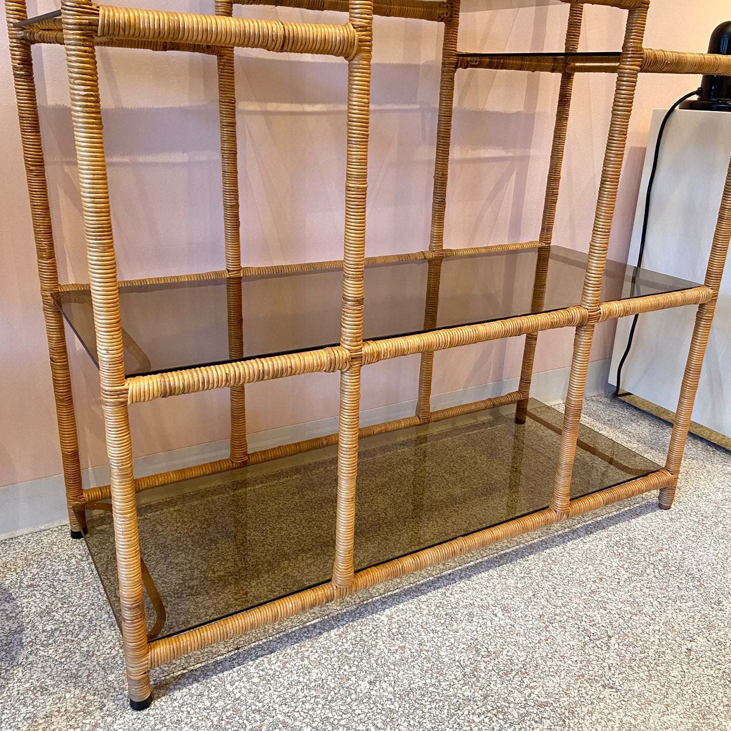 Vintage Wicker Rattan Etagere with Smoked Glass