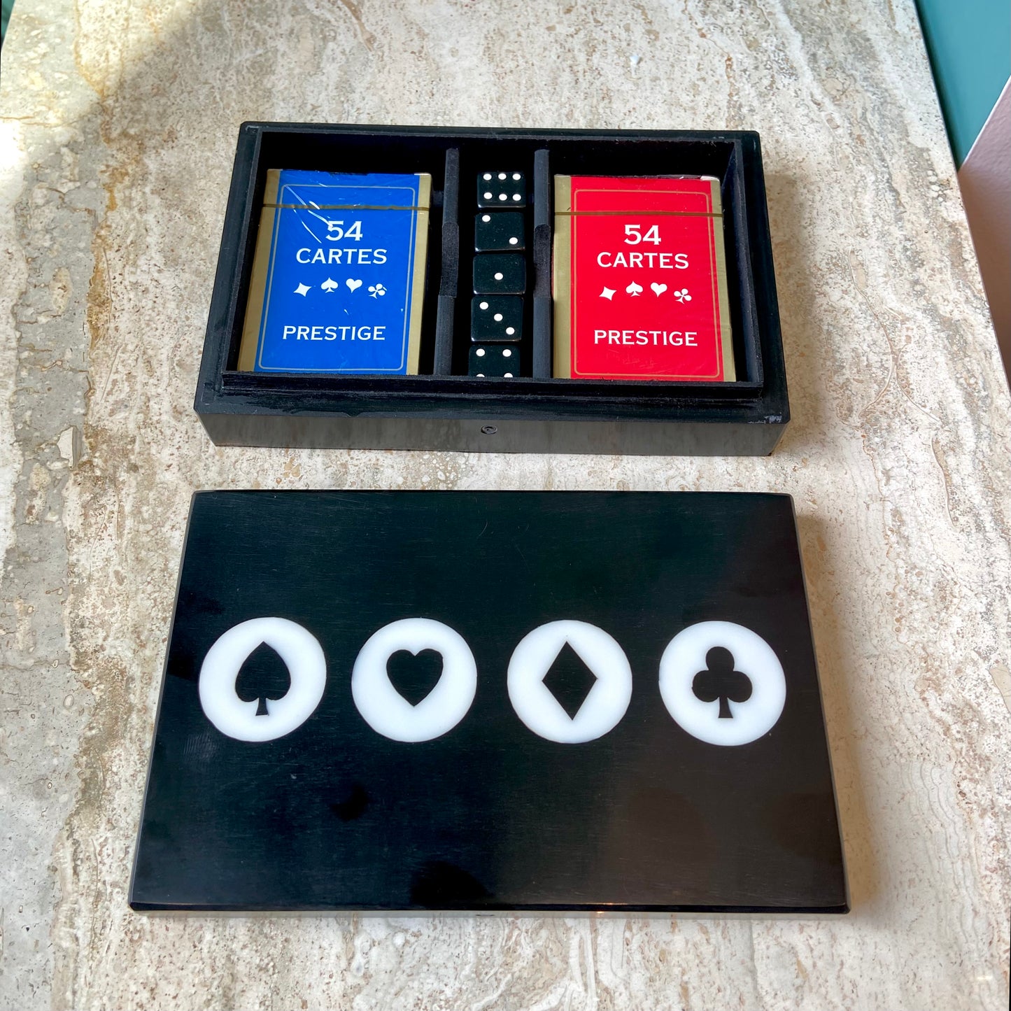 Black Resin Box with 2 Decks of Cards and 5 Dice