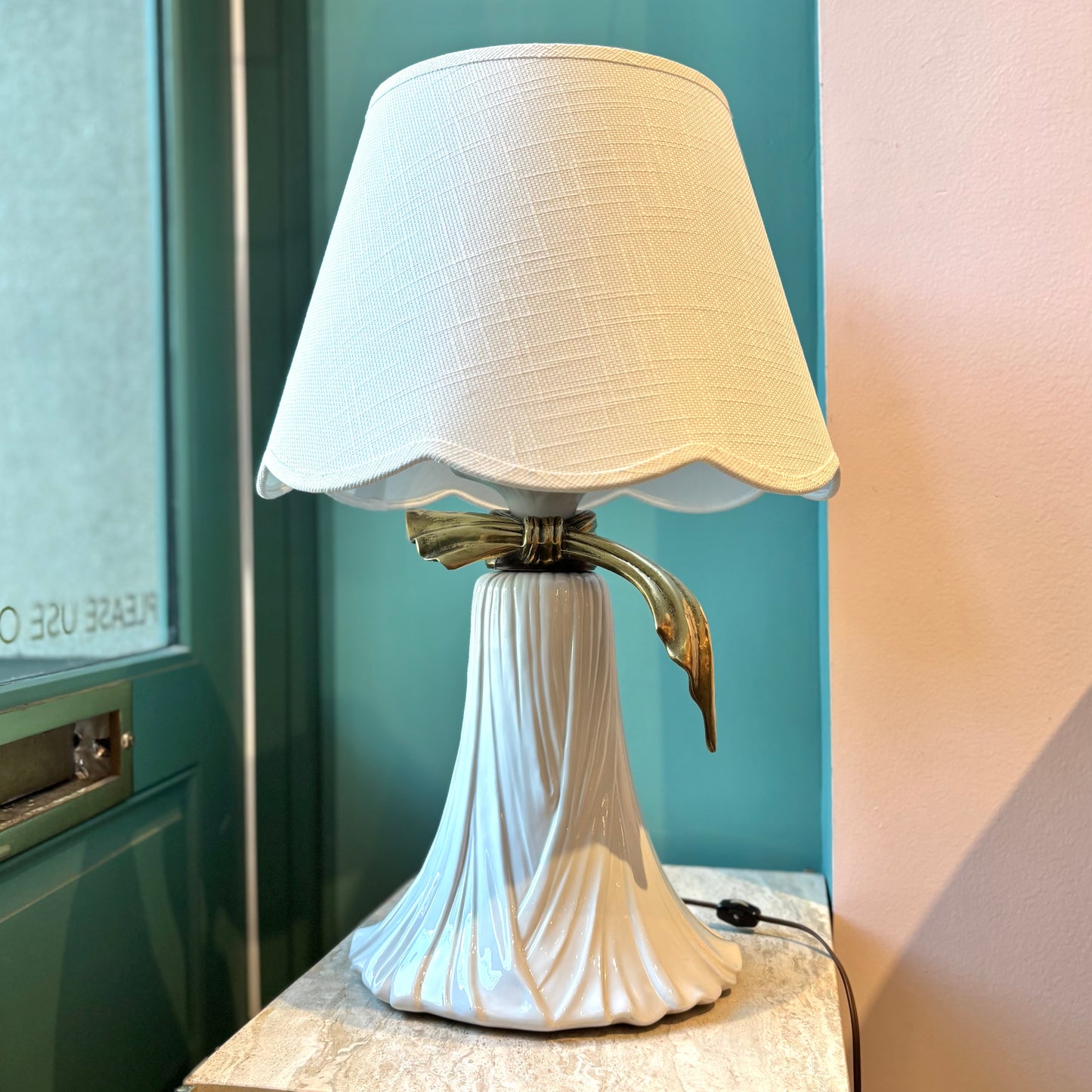 Vintage Ceramic Draped Cloth and Brass Bow Lamp with Scallop Shade by Chapman