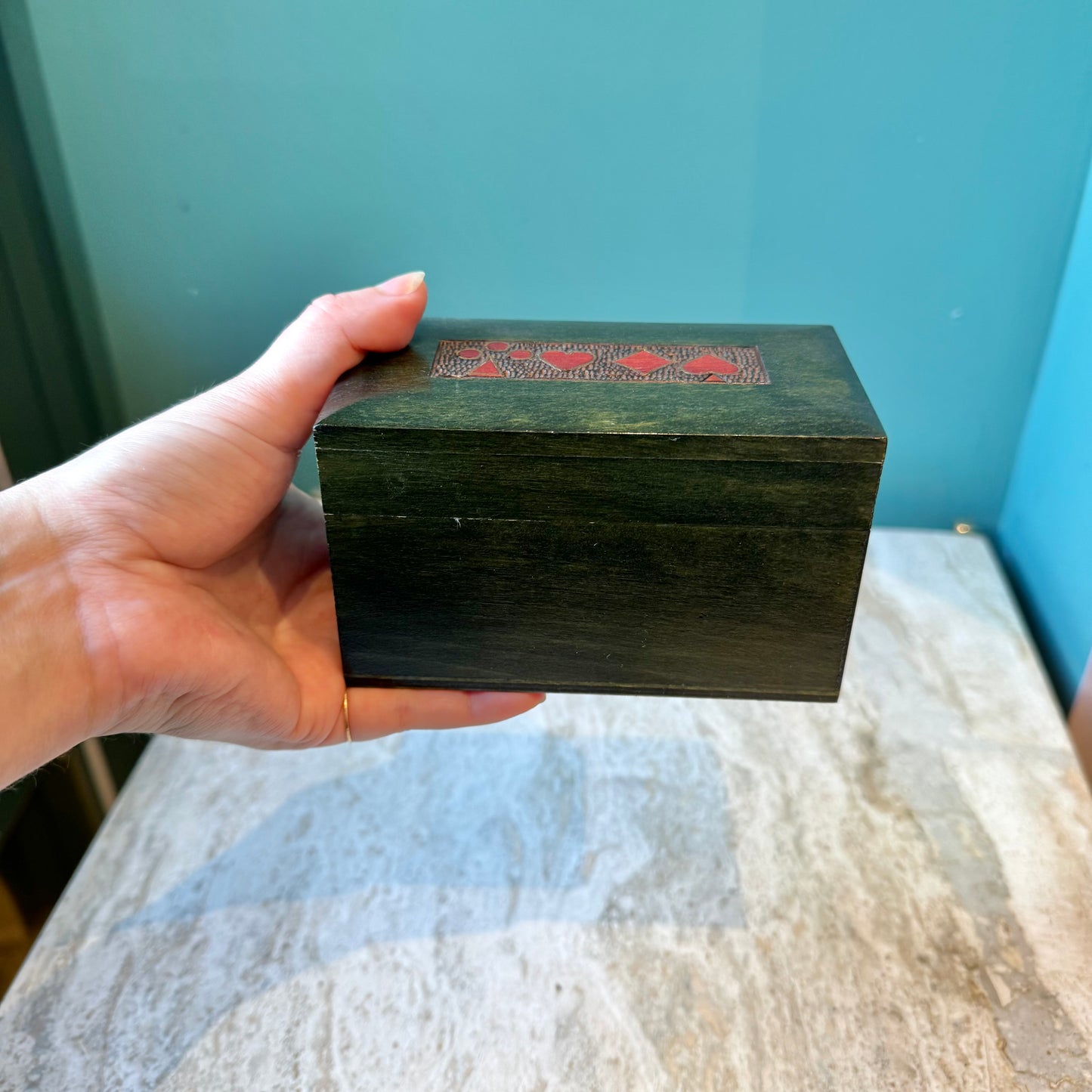 Vintage Green Wooden Playing Cards Box with Cards