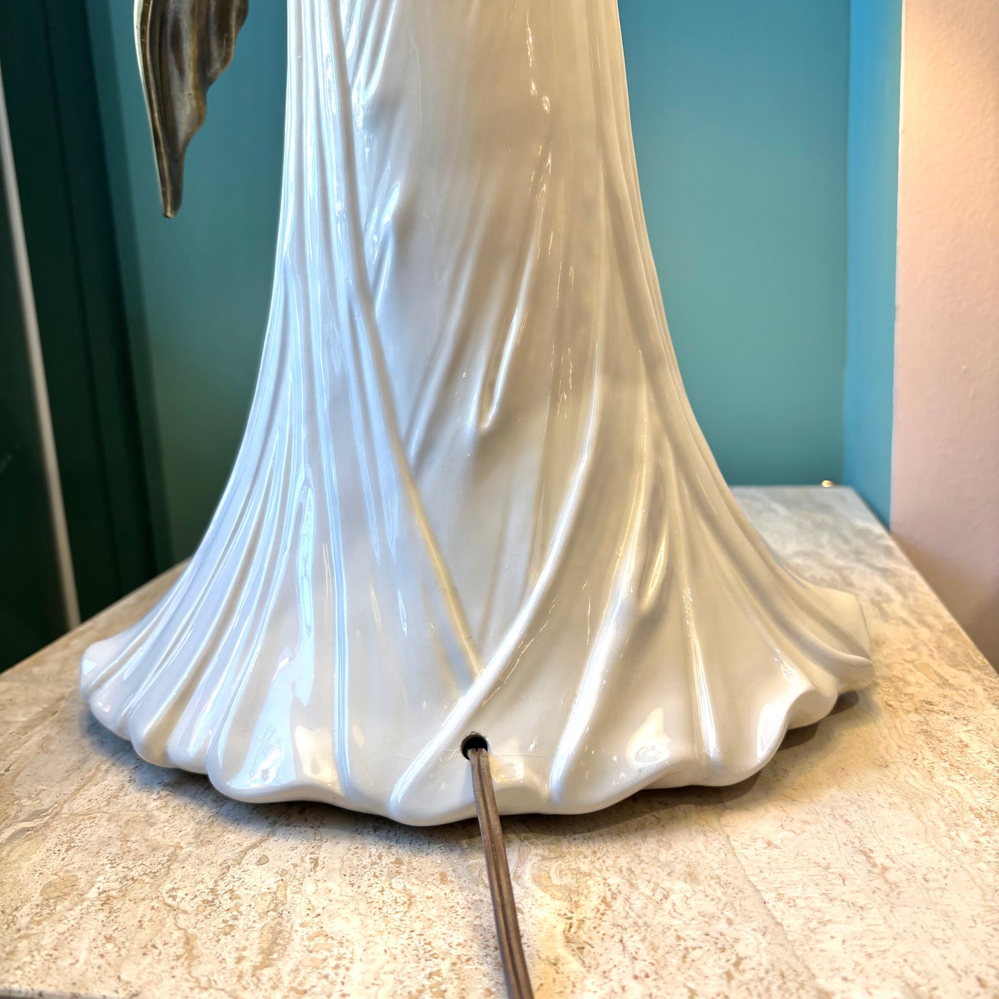 Vintage Ceramic Draped Cloth and Brass Bow Lamp with Scallop Shade by Chapman