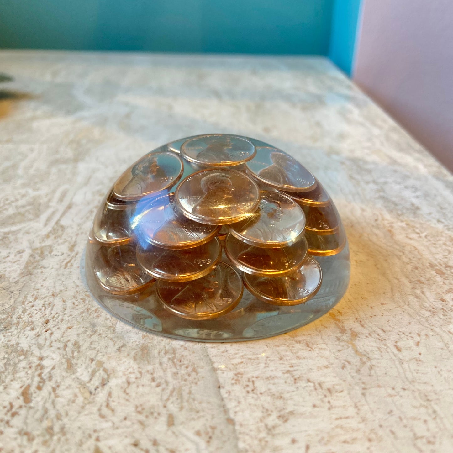 Vintage Lucite 1973 Penny Paperweight