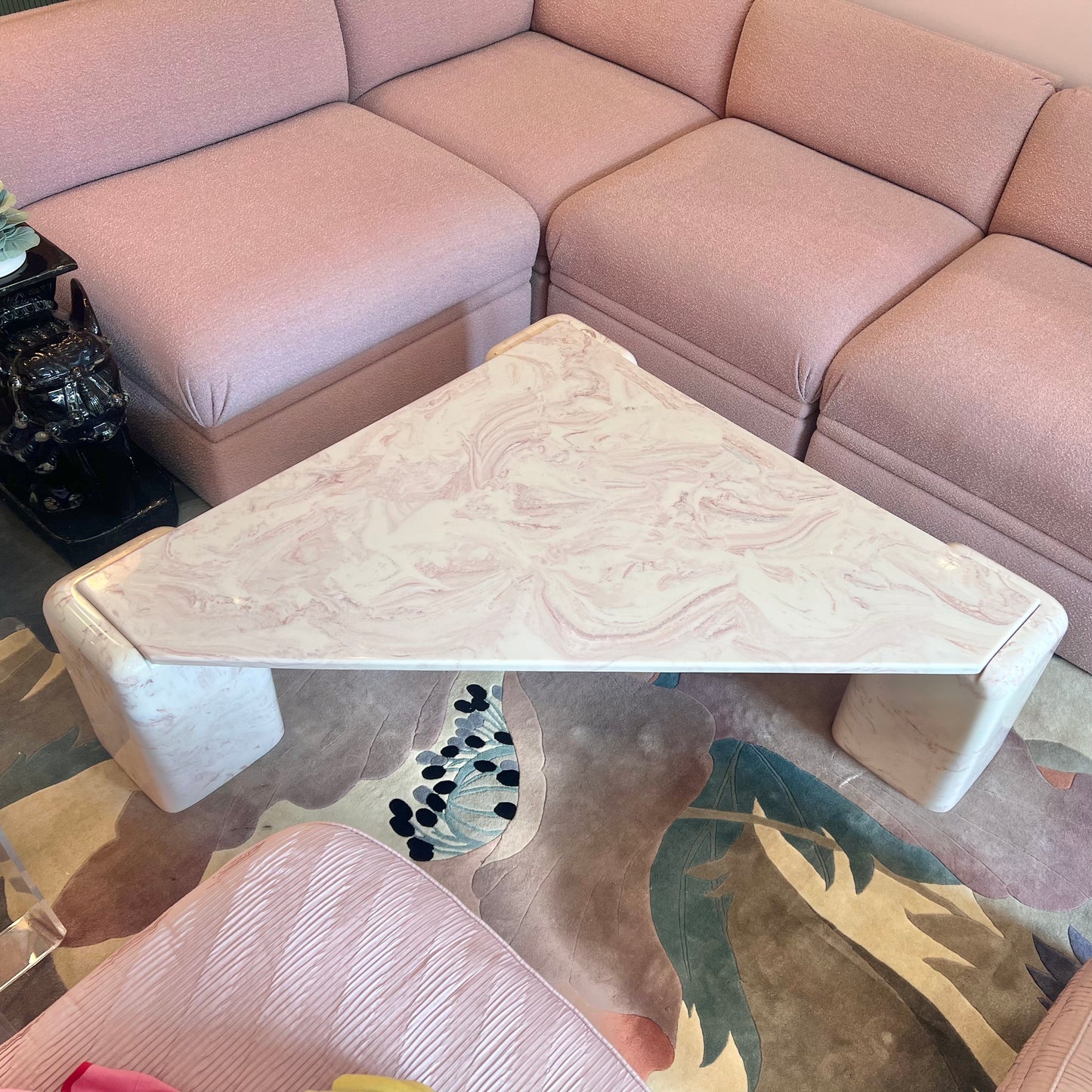 1980’s Triangular Postmodern Pink Marble Resin Coffee Table