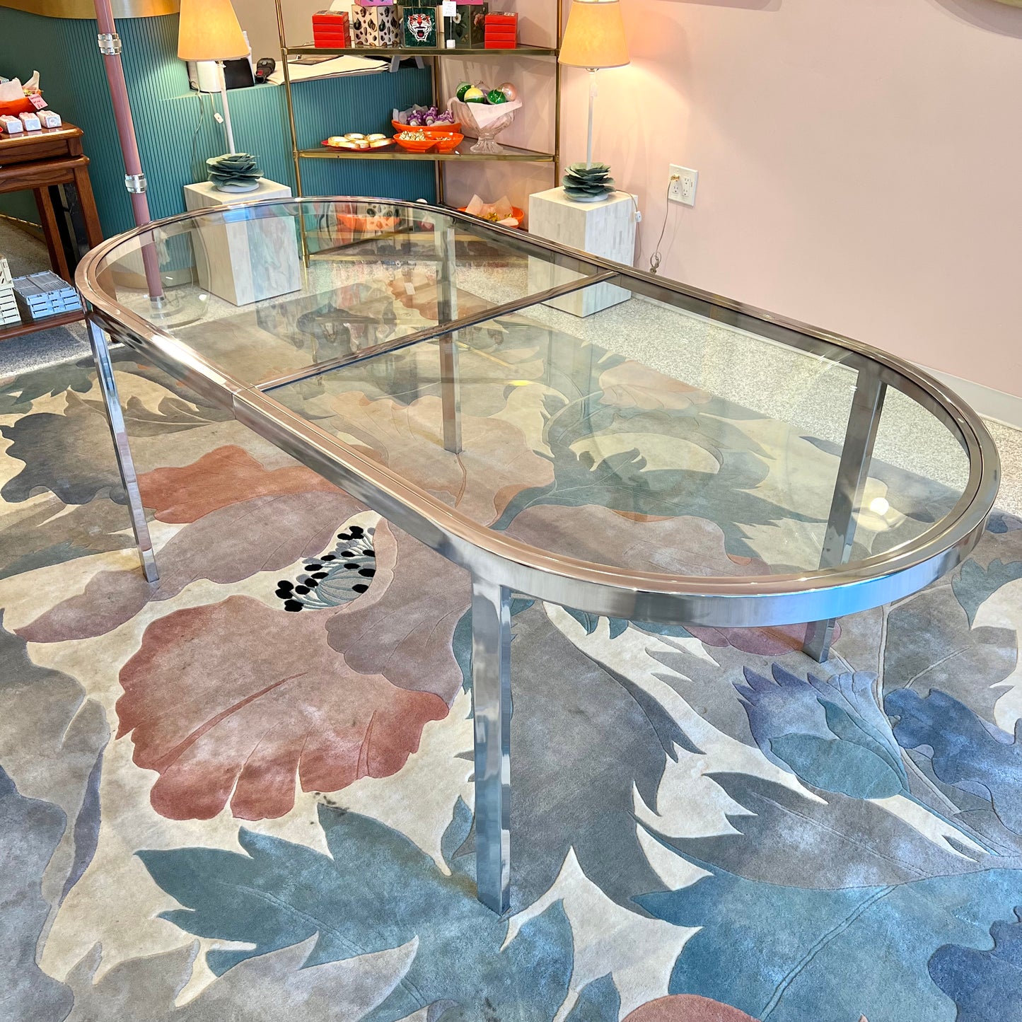 1980's Extendable Chrome and Glass Oval Dining Table by Design Instititute of America