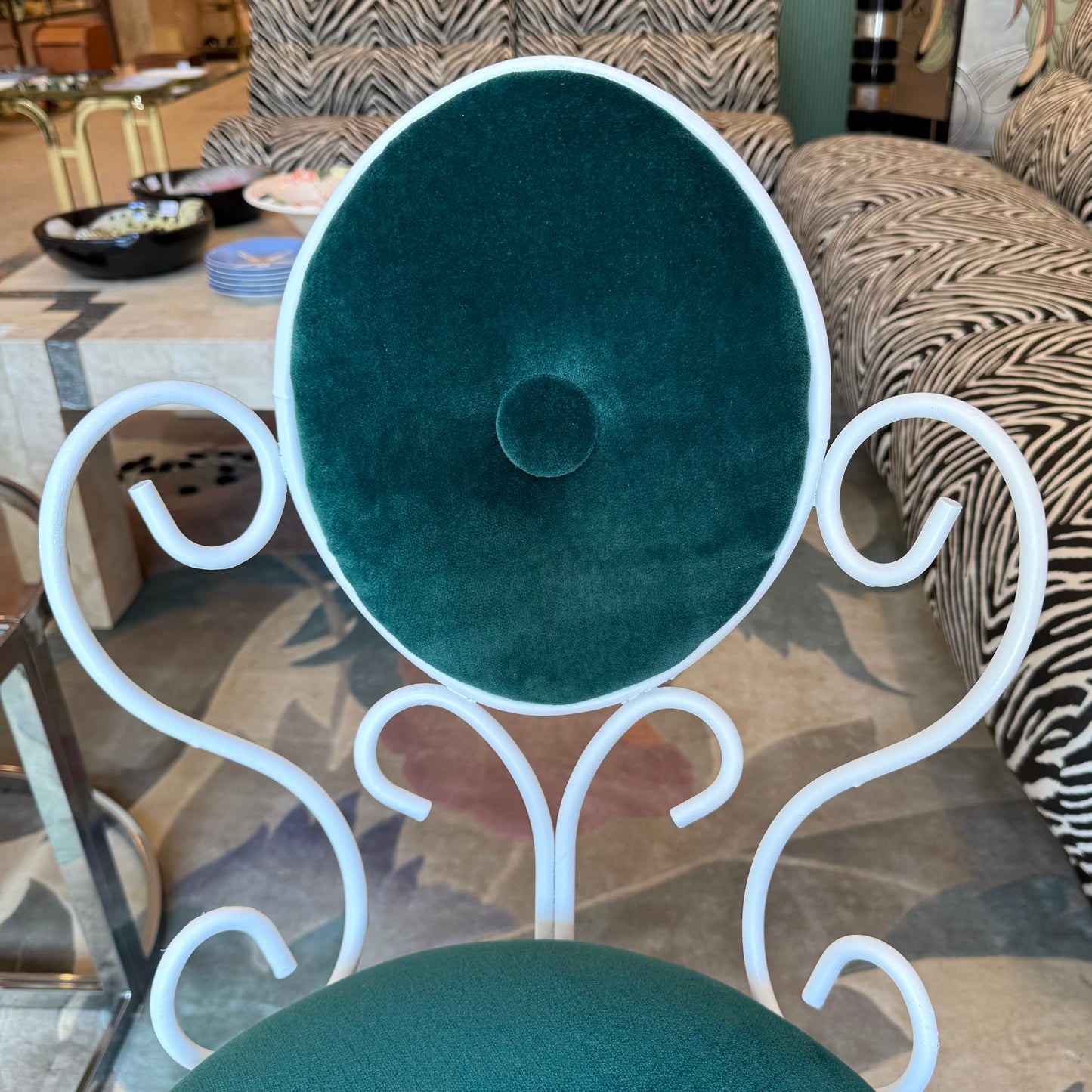 Vintage Small White Iron and Green Velvet Vanity Chair