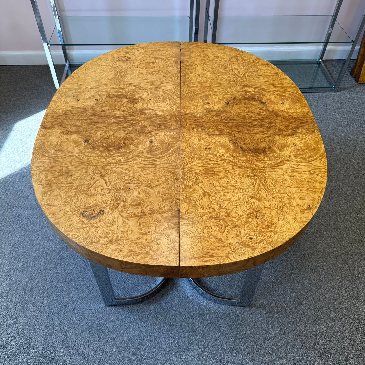 Vintage Milo Baughman Style Extendable Oval Burl and Chrome Dining Table