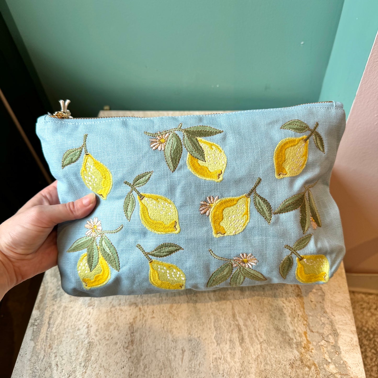 Sky Blue Linen Cotton Lemon Blossom Everyday Pouch by Elizabeth Scarlett