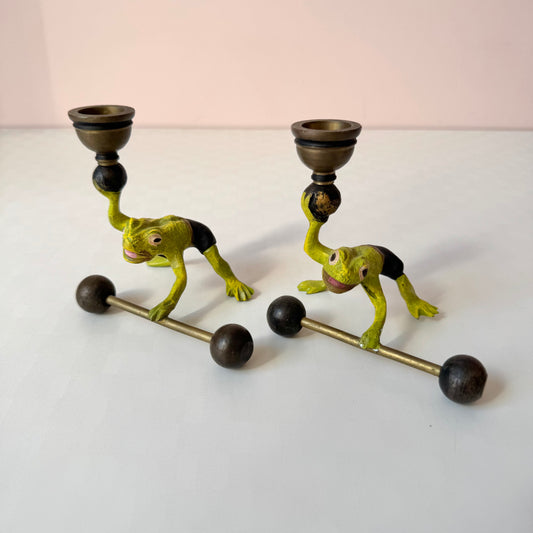 Vintage Pair of Bronze Frog Barbell Candlestick Holders by Petit Choses USA