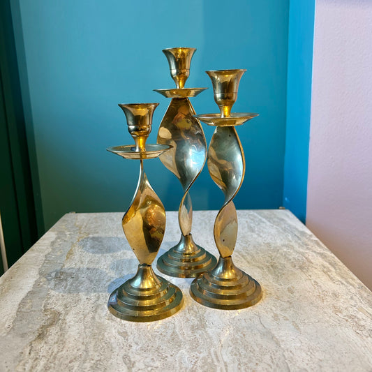 Vintage Swirled Brass Candlestick Trio
