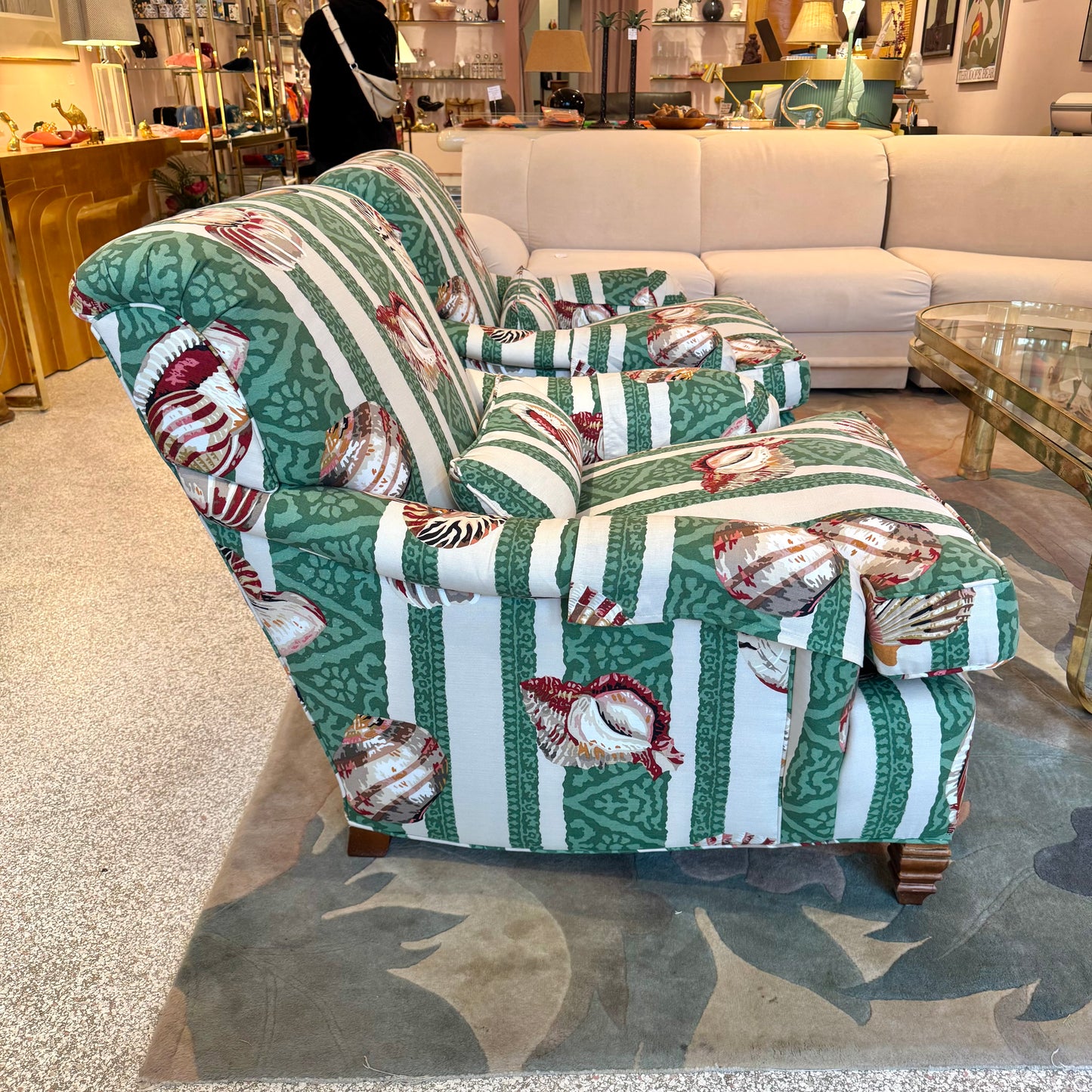 Vintage Green Stripe Shell Upholstered Armchair/item