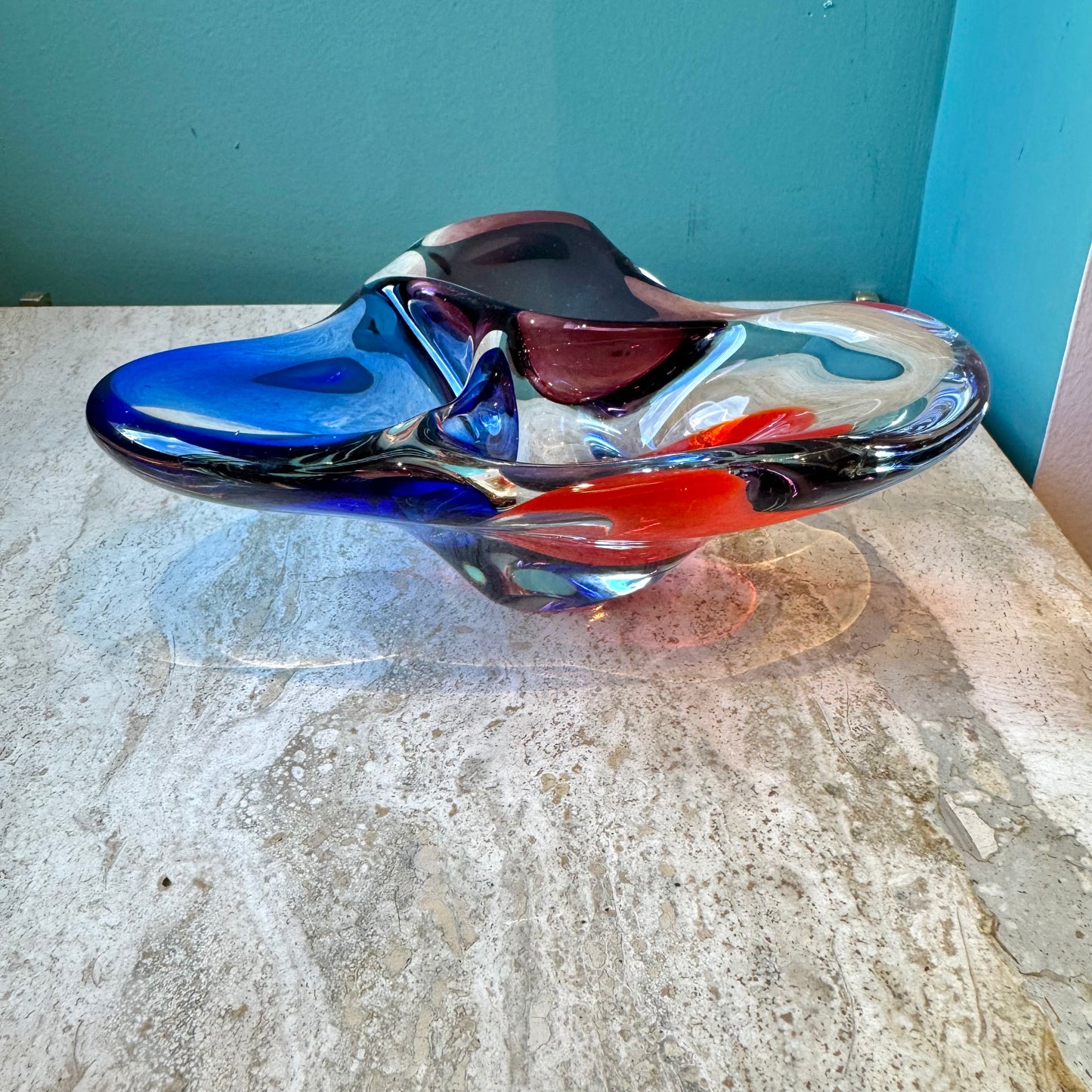 Vintage Hand Blown Three Compartment Art Glass Bowl