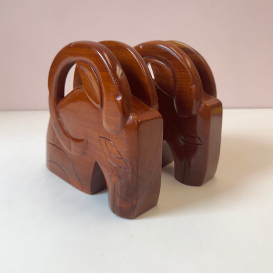 Vintage Mid-Century Pair of Solid Wood Ram Head Bookends