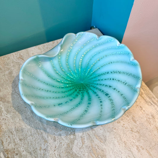 Vintage Murano Glass Large Aqua Green and Silver Leaf Bowl