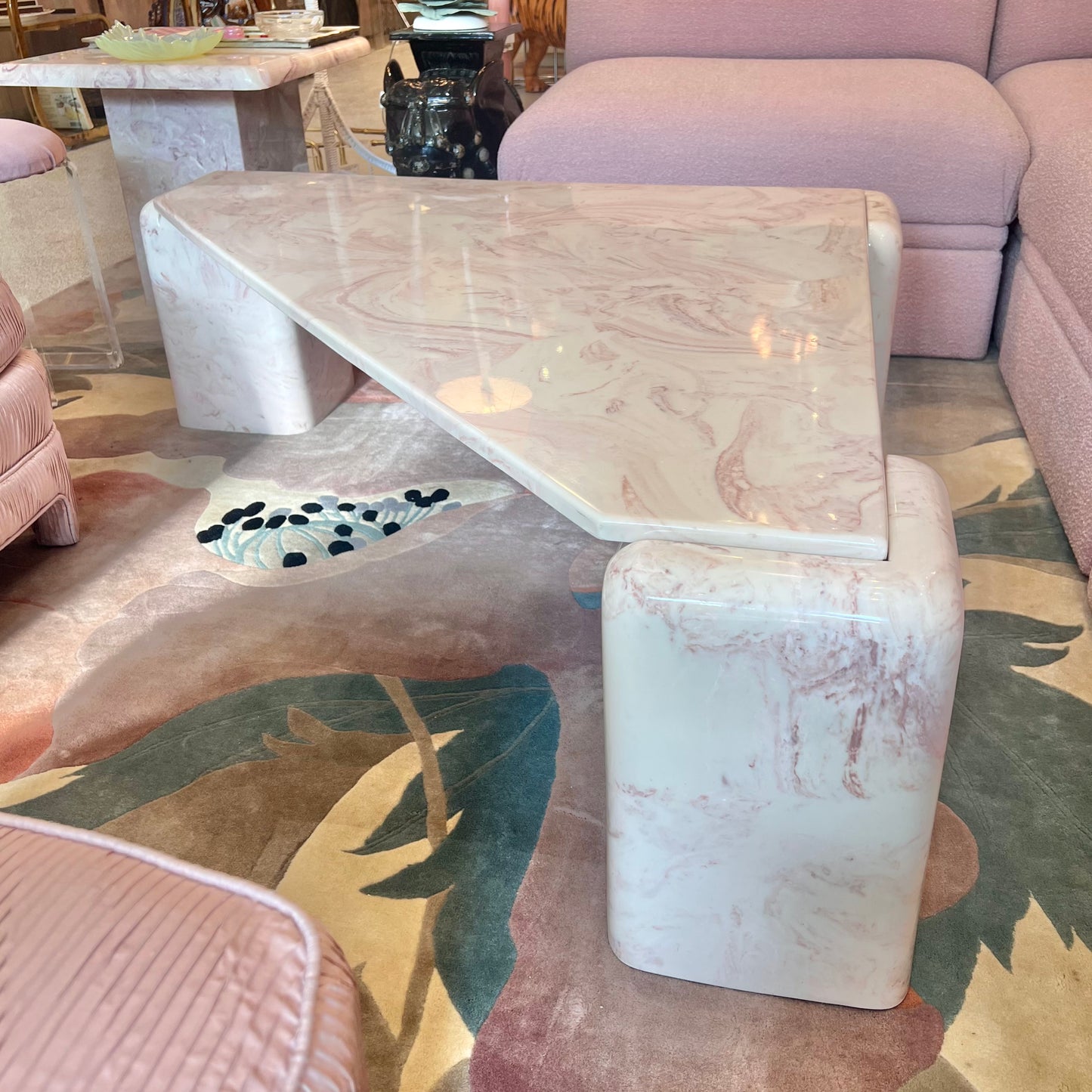 1980’s Triangular Postmodern Pink Marble Resin Coffee Table