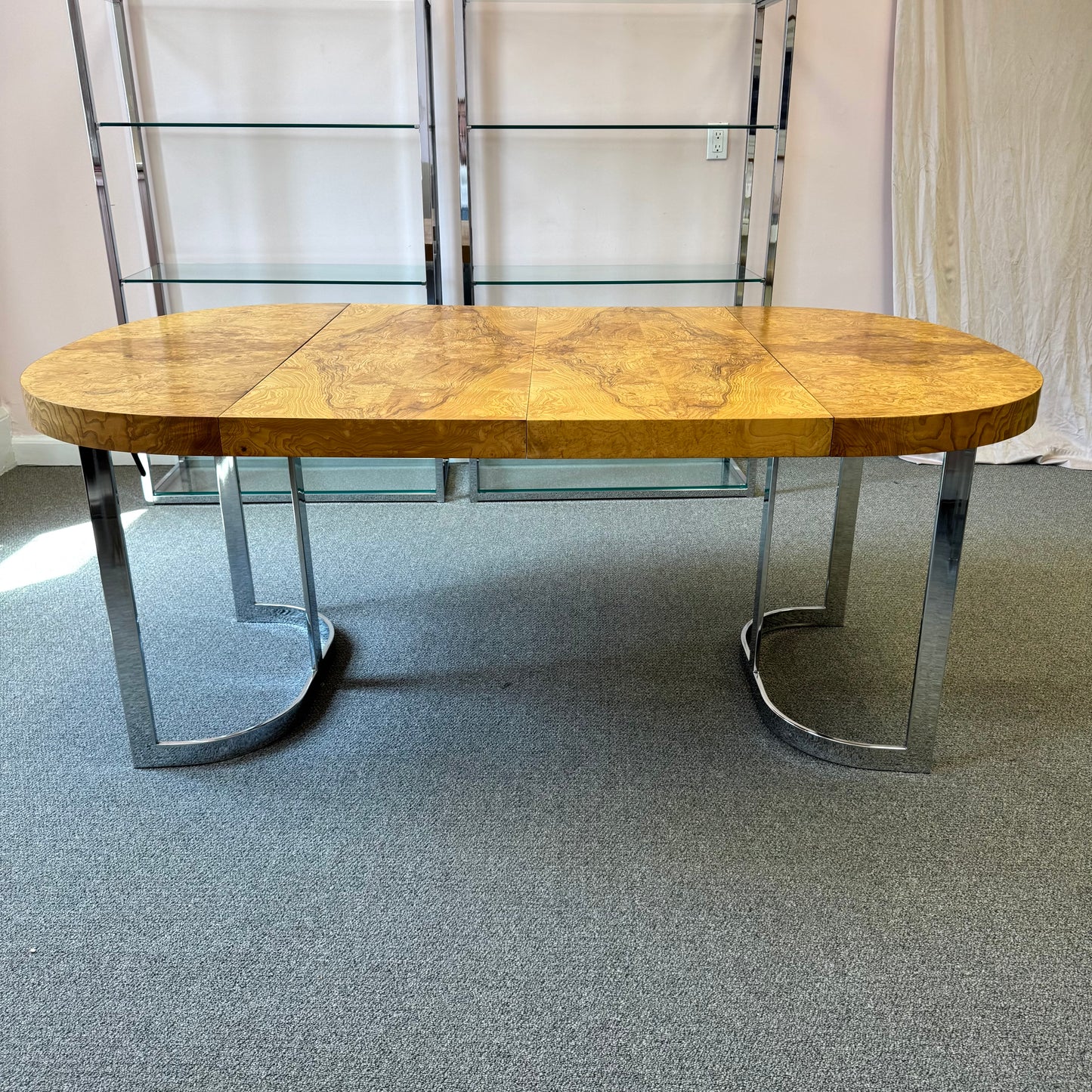 Vintage Milo Baughman Style Extendable Oval Burl and Chrome Dining Table