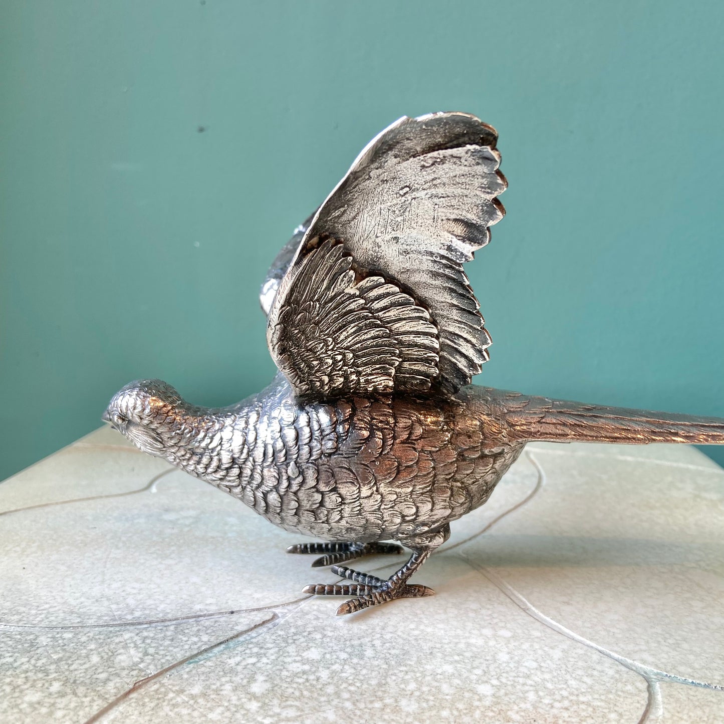 Pair of Antique Silver Plated Pheasant Bird Statues