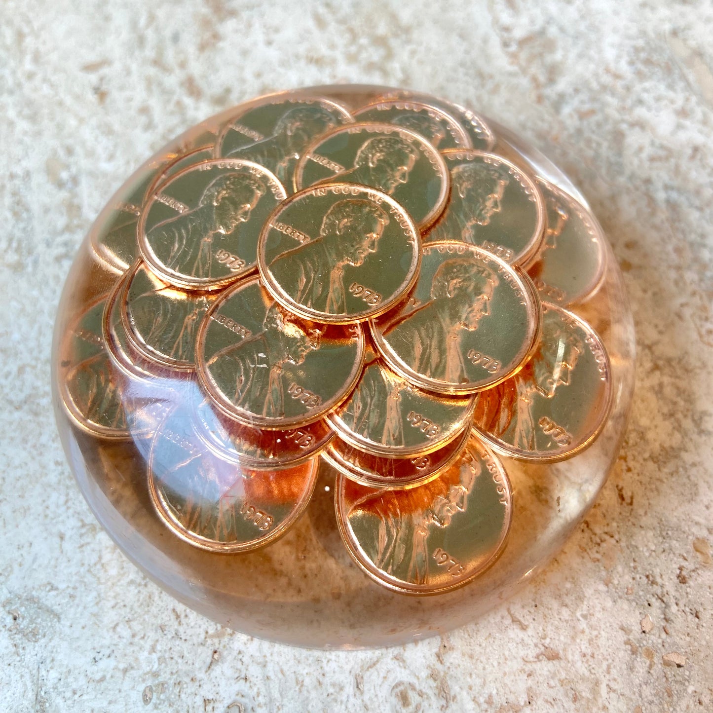Vintage Lucite 1973 Penny Dome Paperweight