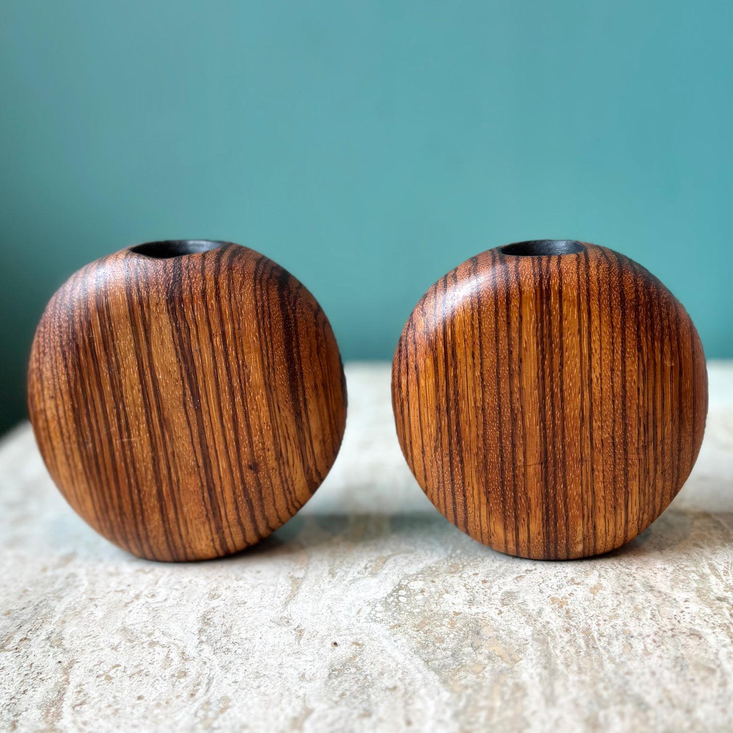 Vintage Pair of Circular Wooden Candlestick Holders