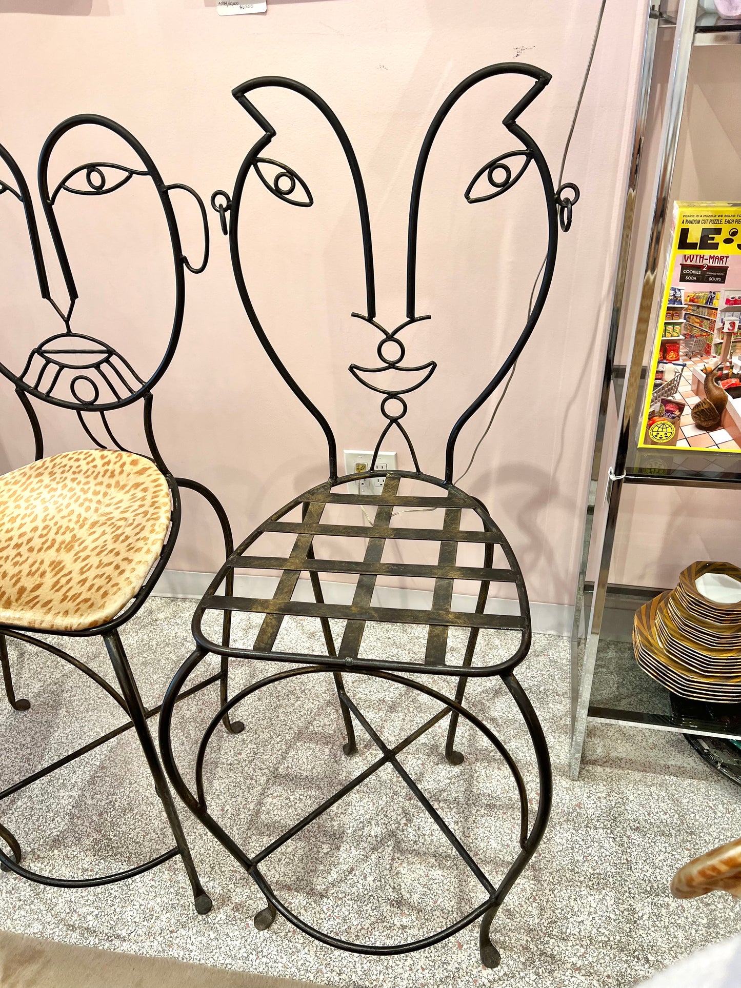 Vintage Set of 3 John Risley Style Figurative Face Bar Chairs