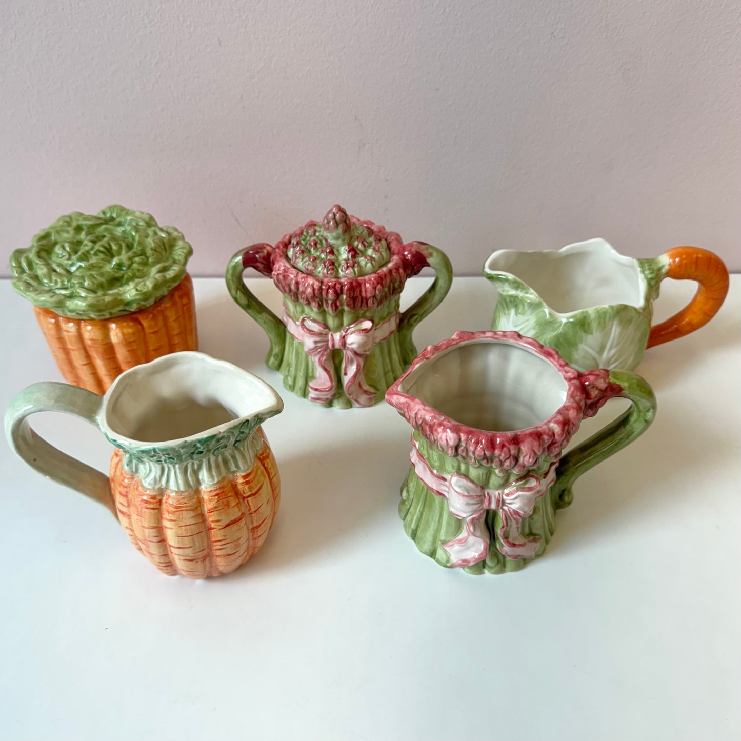 Vintage Set of 5 Ceramic Vegetable Sugar Bowls and Milk Jugs by Fitz & Floyd