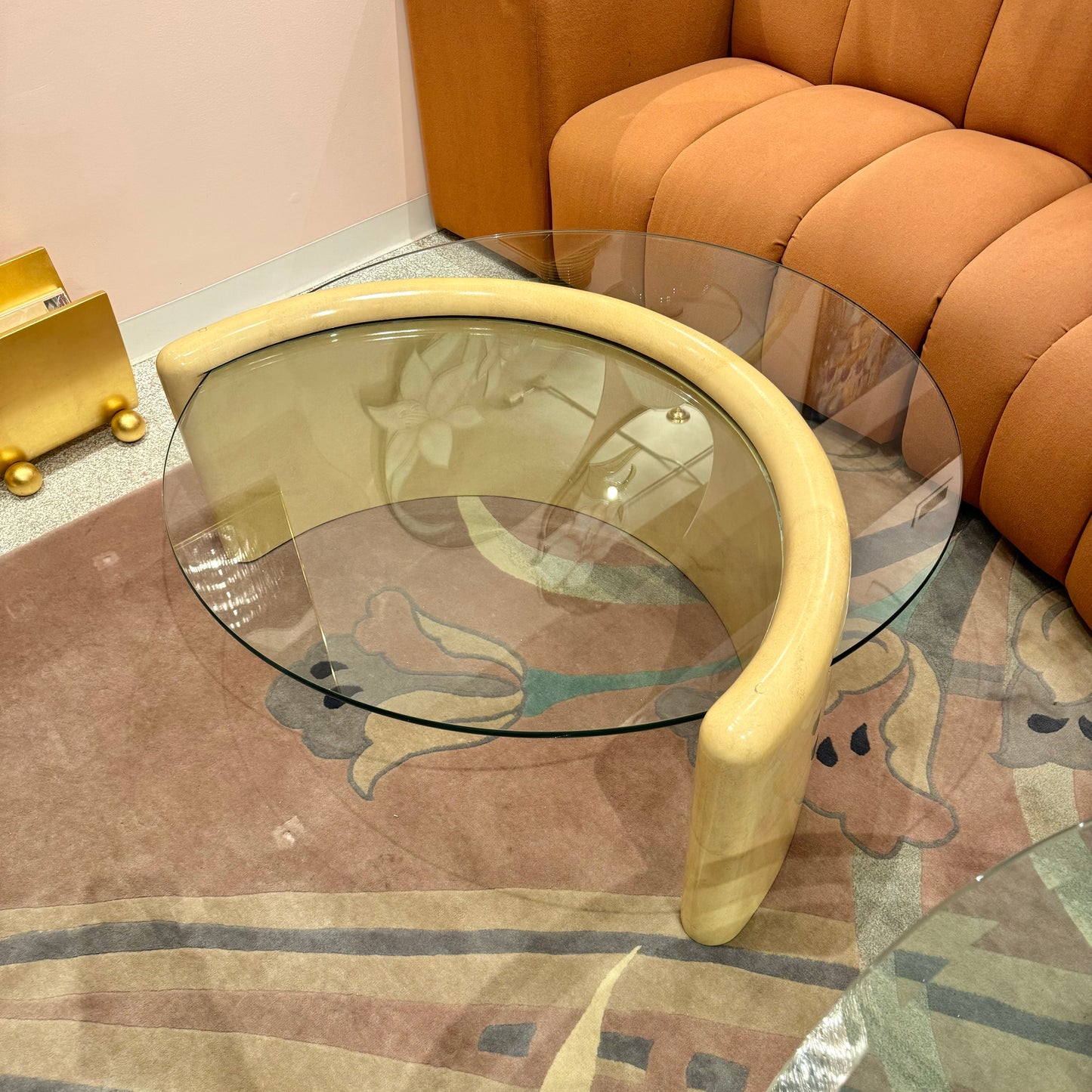 Vintage Round Coffee Table with Half Moon Faux Goatskin Base