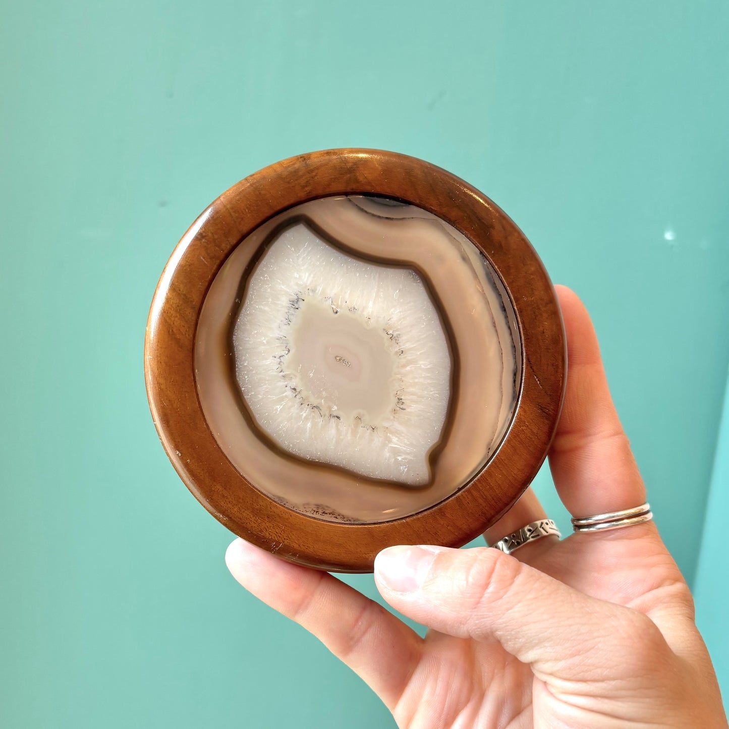 Vintage Circular Wood Box with Geode Lid