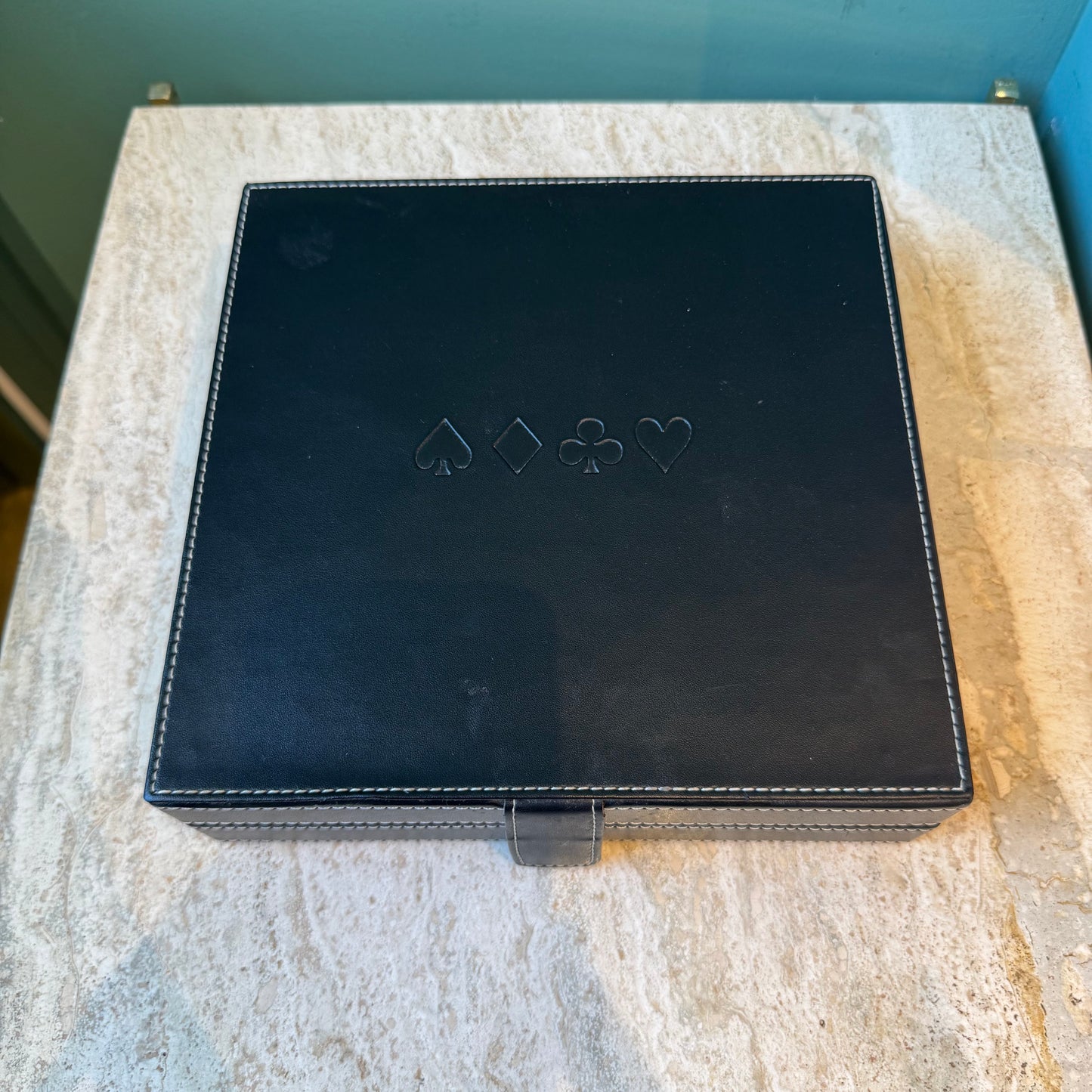Vintage Black Faux Leather Poker Playing Card Box Set