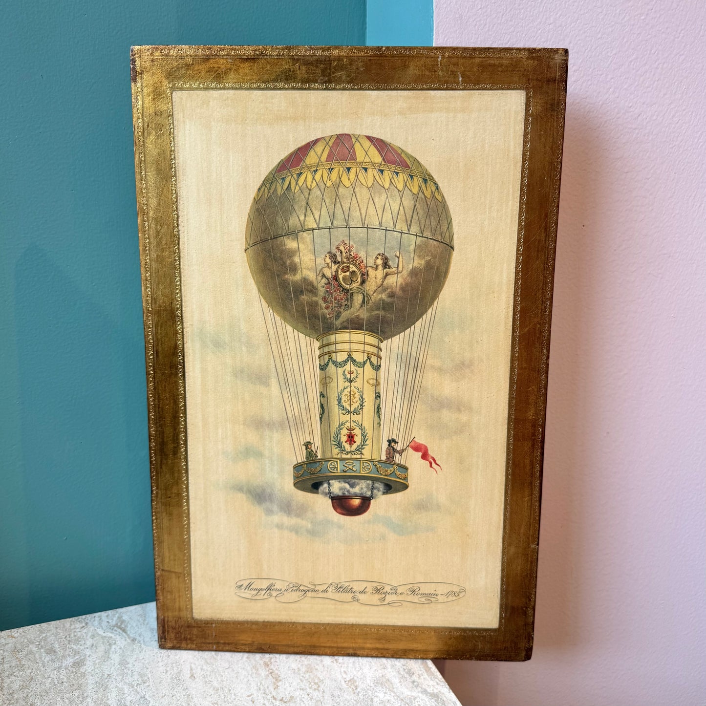 Vintage Italian Hot Air Balloon Artwork with Gold Gilded Border