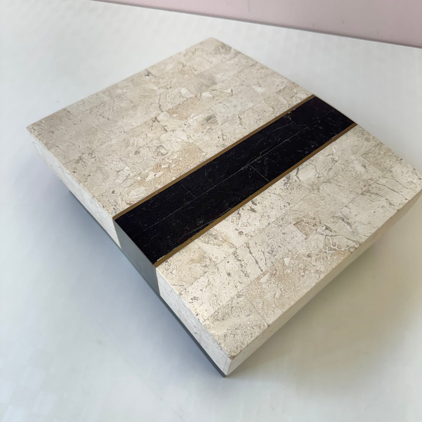 Vintage Maitland Smith Style Black and Cream Tessellated Stone Box