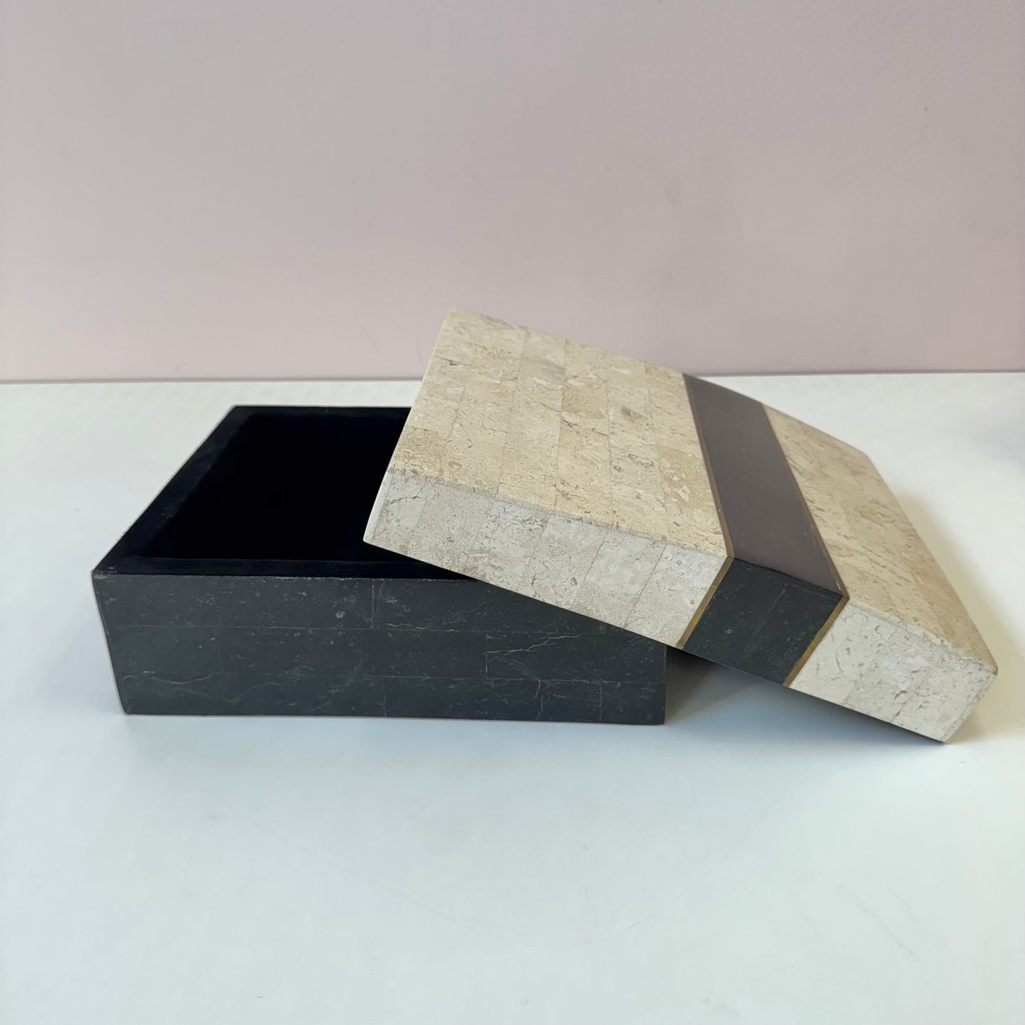 Vintage Maitland Smith Style Black and Cream Tessellated Stone Box