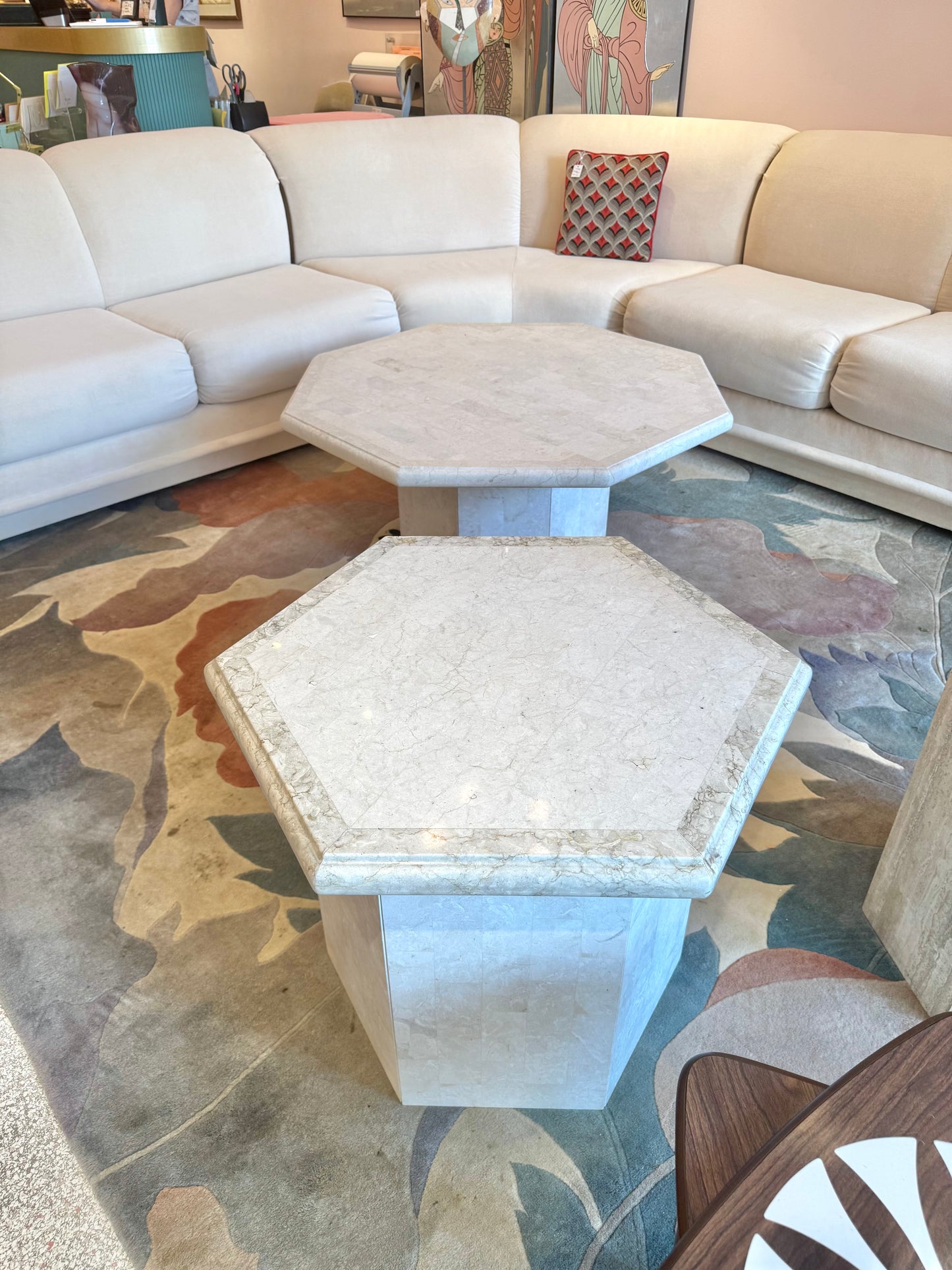 Vintage Hexagonal Tessellated White Marble Side Table