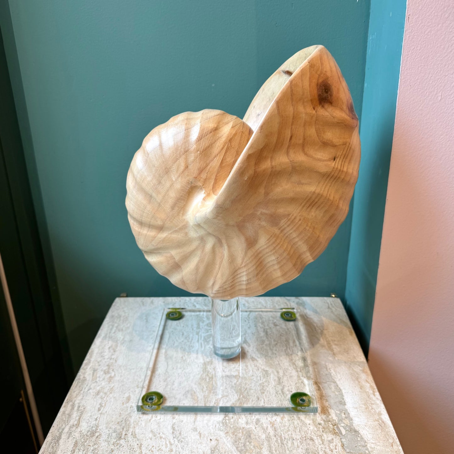 Vintage Carved Wooden Nautilus Shell on Lucite Stand