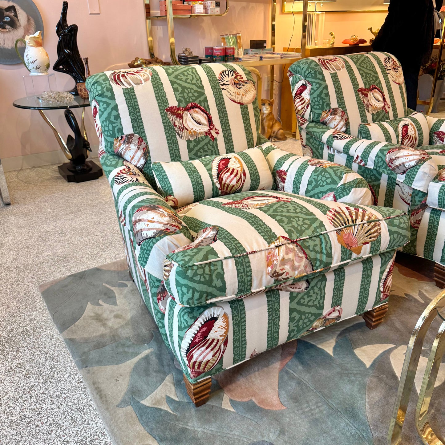 Vintage Green Stripe Shell Upholstered Armchair/item