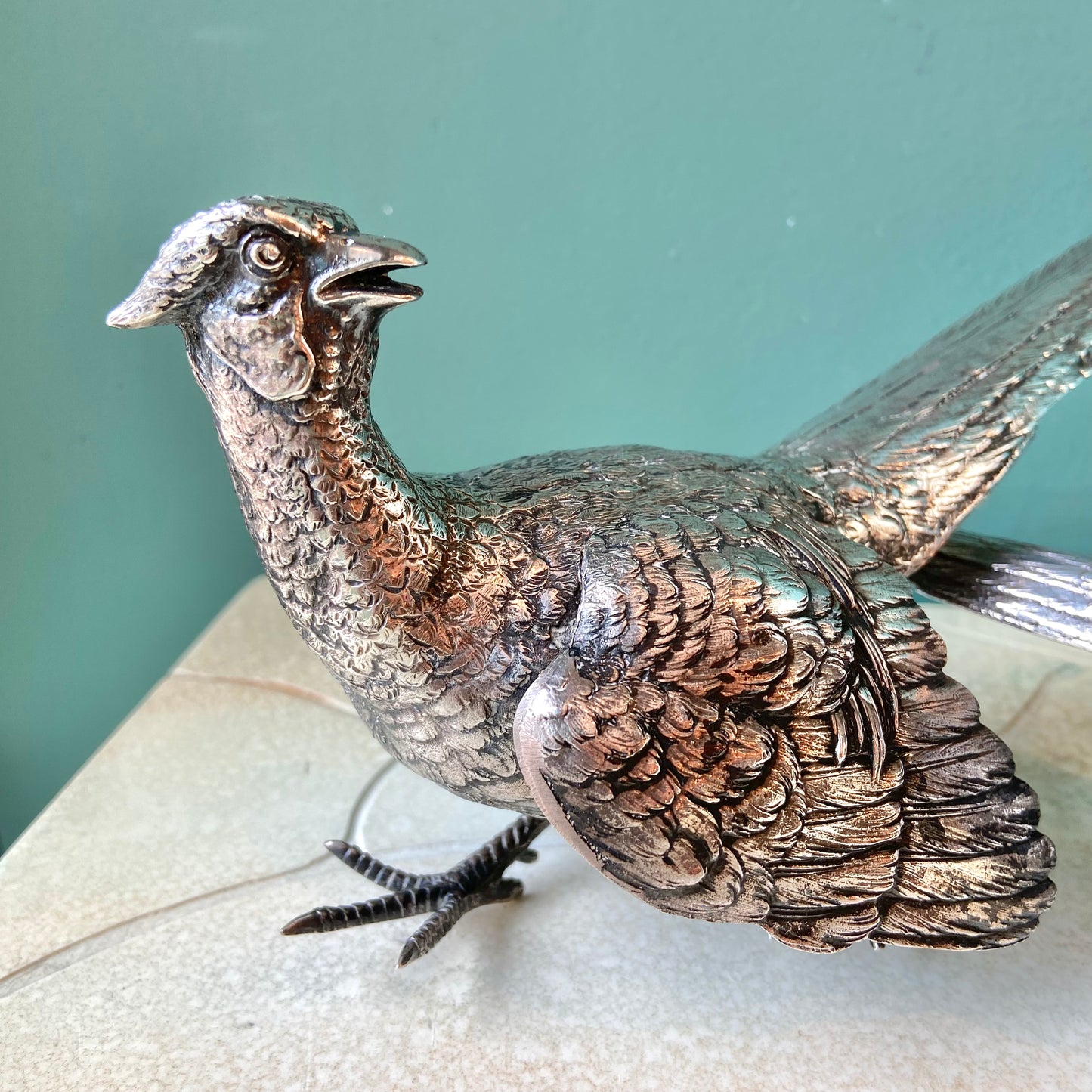 Pair of Antique Silver Plated Pheasant Bird Statues