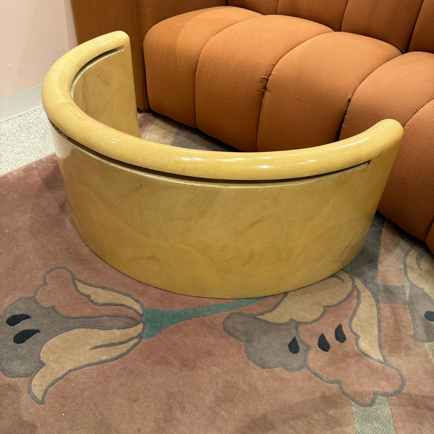 Vintage Round Coffee Table with Half Moon Faux Goatskin Base