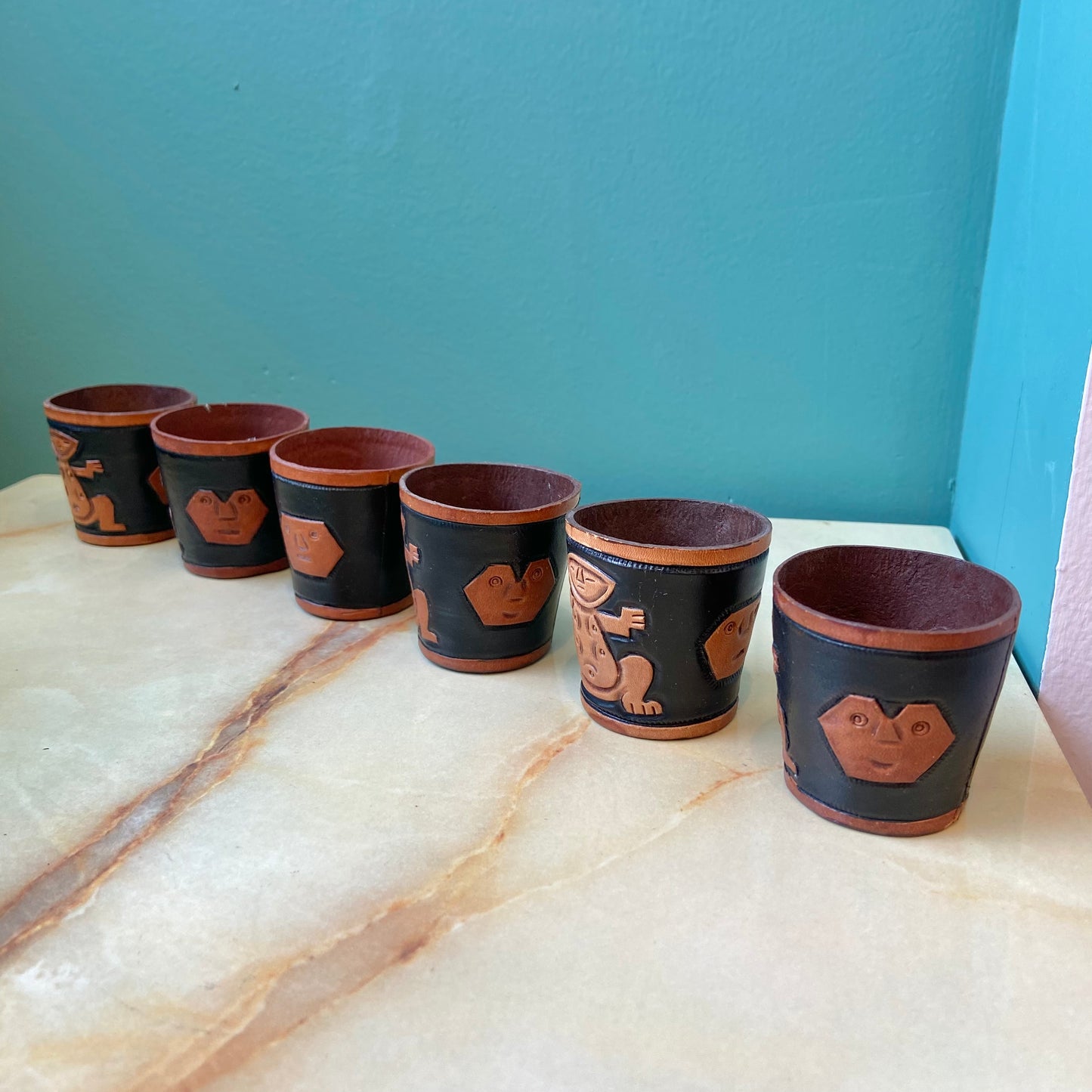 Set of 6 Vintage Leather Shot Glass Holders