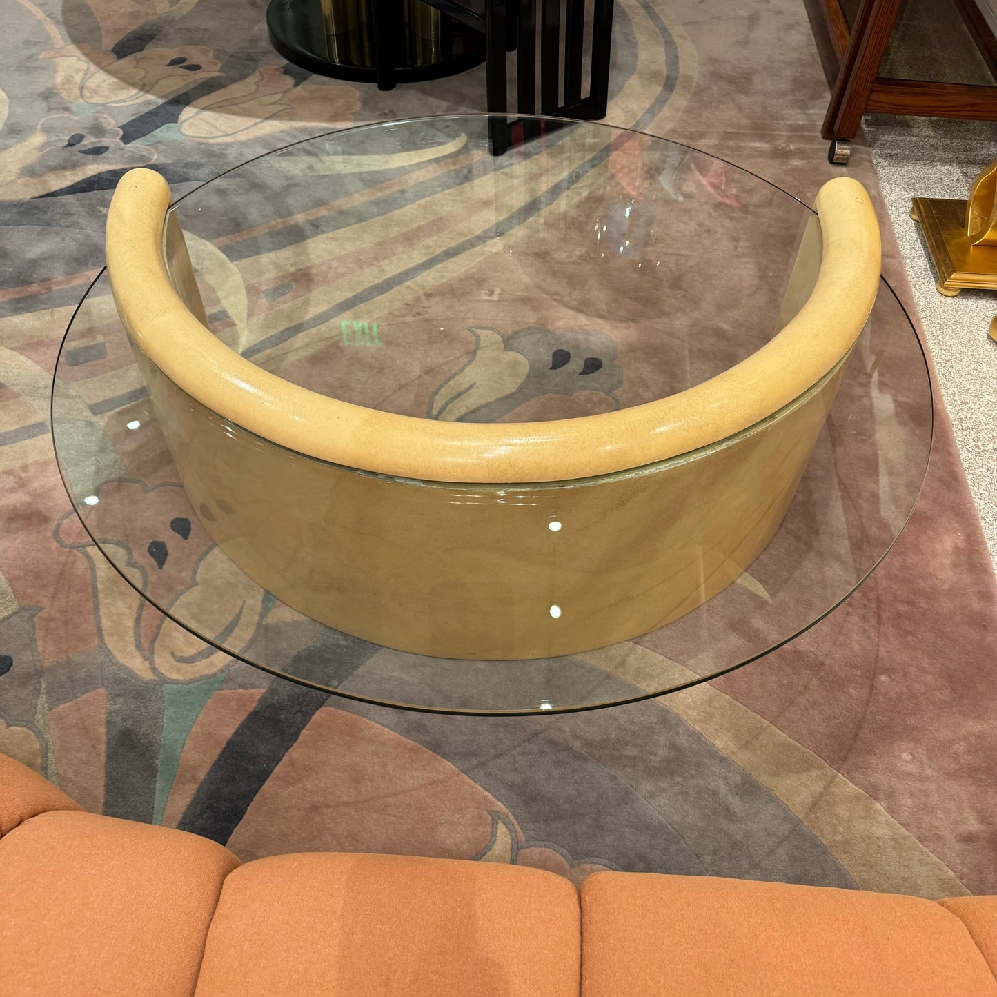 Vintage Round Coffee Table with Half Moon Faux Goatskin Base
