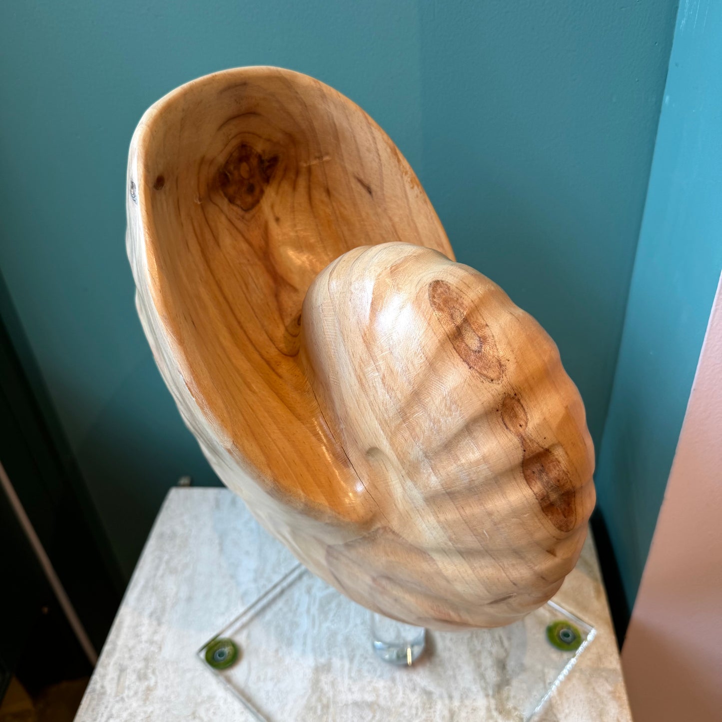 Vintage Carved Wooden Nautilus Shell on Lucite Stand