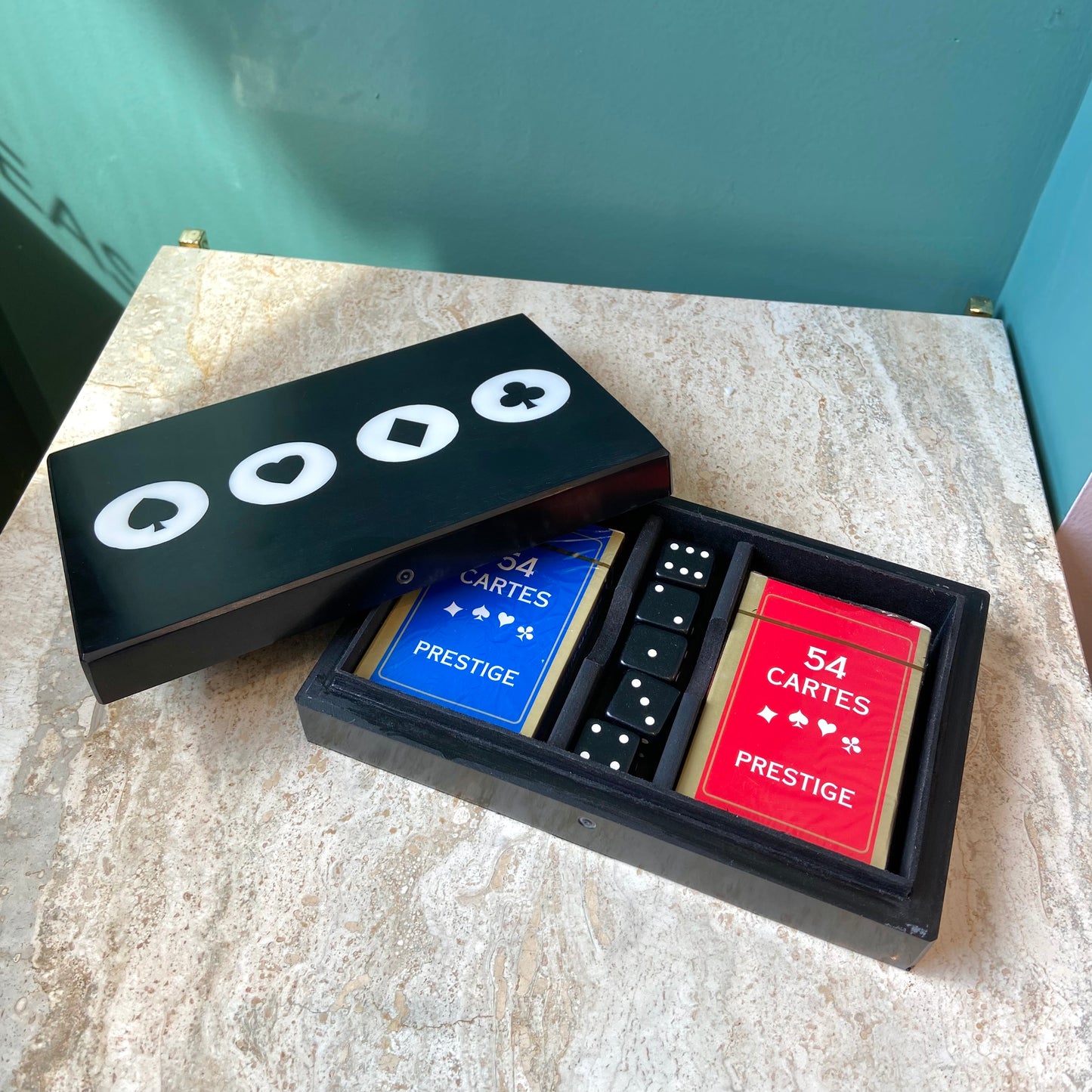 Black Resin Box with 2 Decks of Cards and 5 Dice
