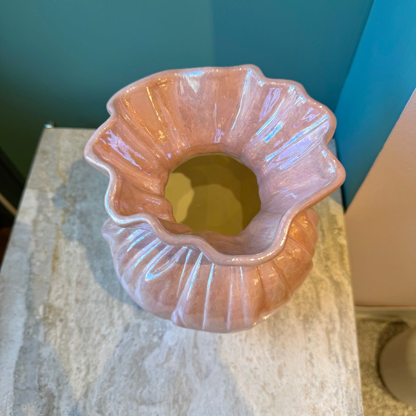Vintage Opalescent Pink Ceramic "Paper Bag" Vase