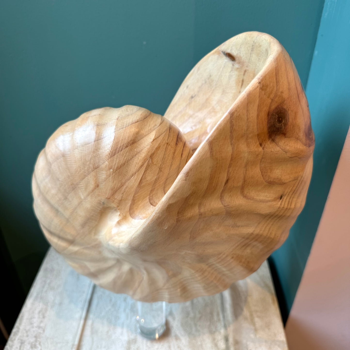 Vintage Carved Wooden Nautilus Shell on Lucite Stand