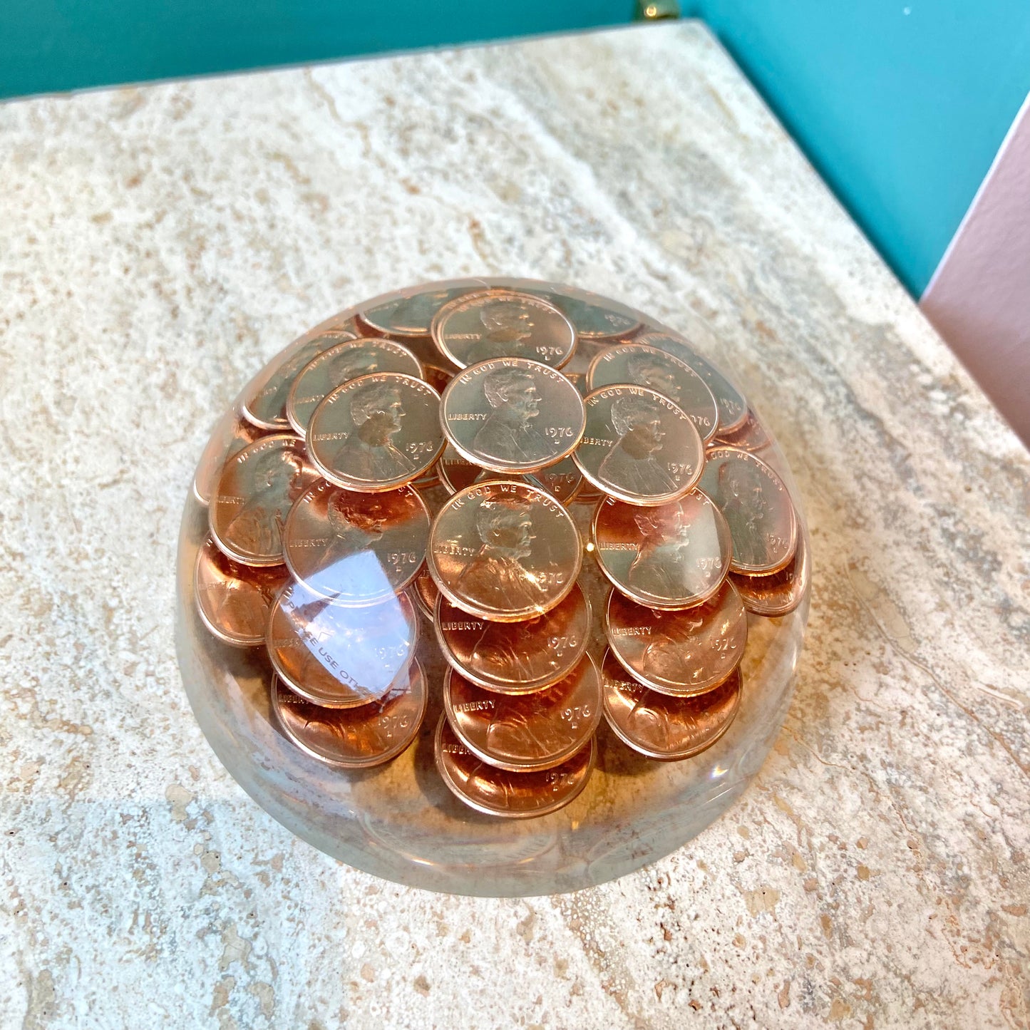 Vintage Lucite 1976 Penny Dome Paperweight